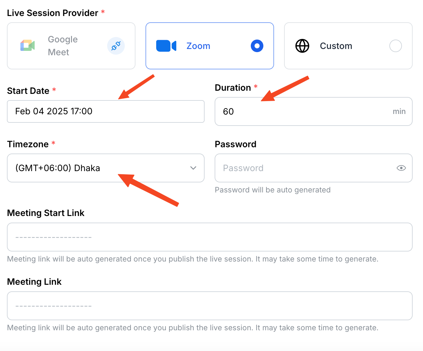 This image is a screenshot of Klasio Live Session Editing Window with Session Start Date, Duration and Timezone in highlight.