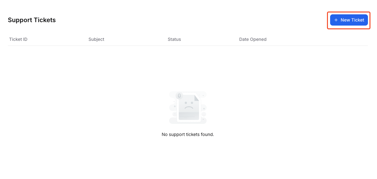 This image is a screenshot of Klasio Admin support window with the New Ticket button in highlight.