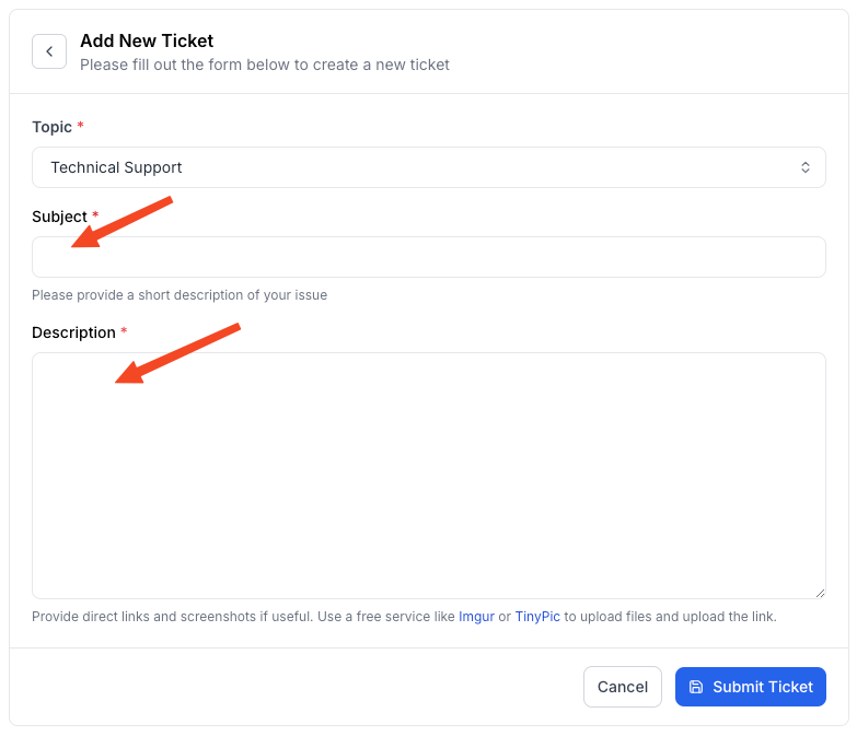 This image is a screenshot of Klasio Ticket Submission window with the option to insert ticket subject and description in live.