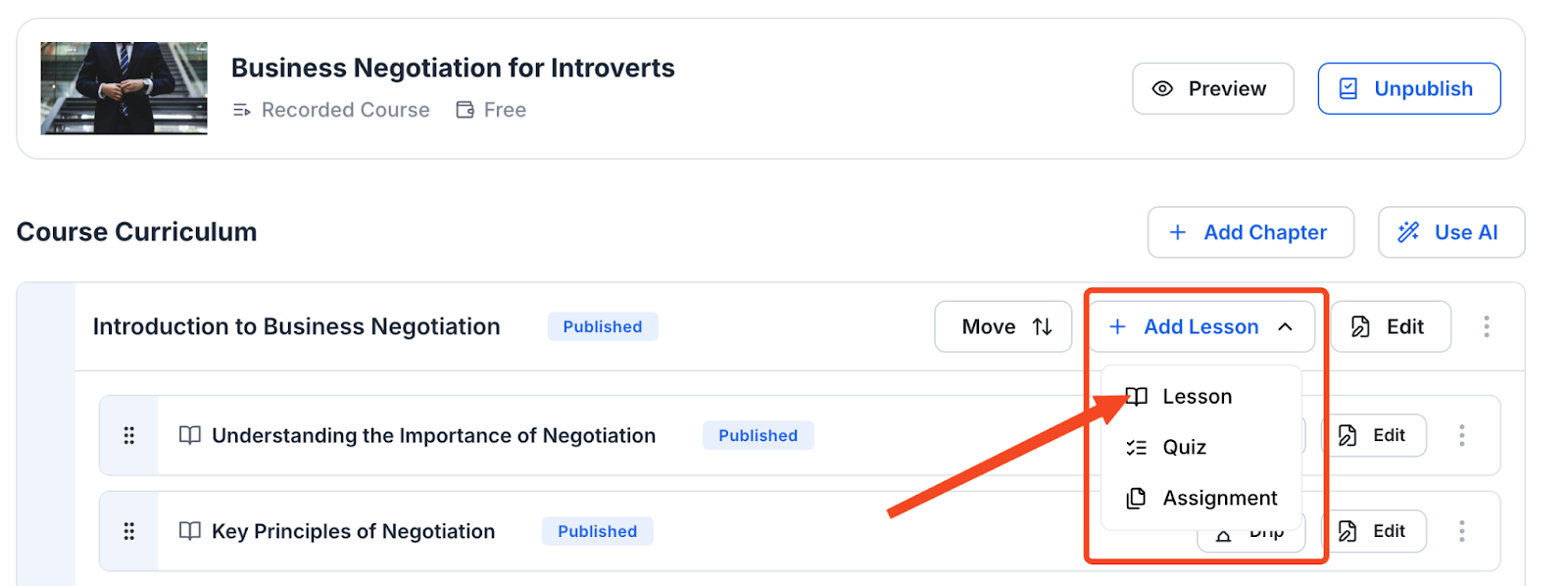 This image is a screenshot of Klasio Course Editing Window with the Add Lesson button dropdown options in highlight.