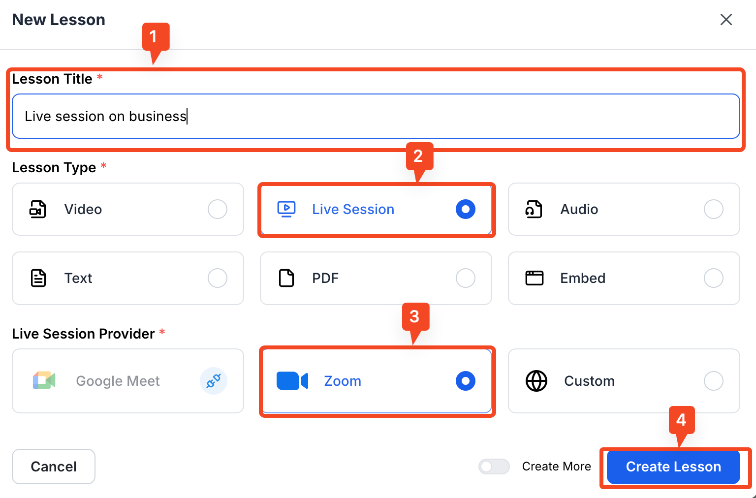 This image is a screenshot of Klasio Live Session Editing Window with the Lesson Title, Live Session option  and Zoom Option in highlight. 
