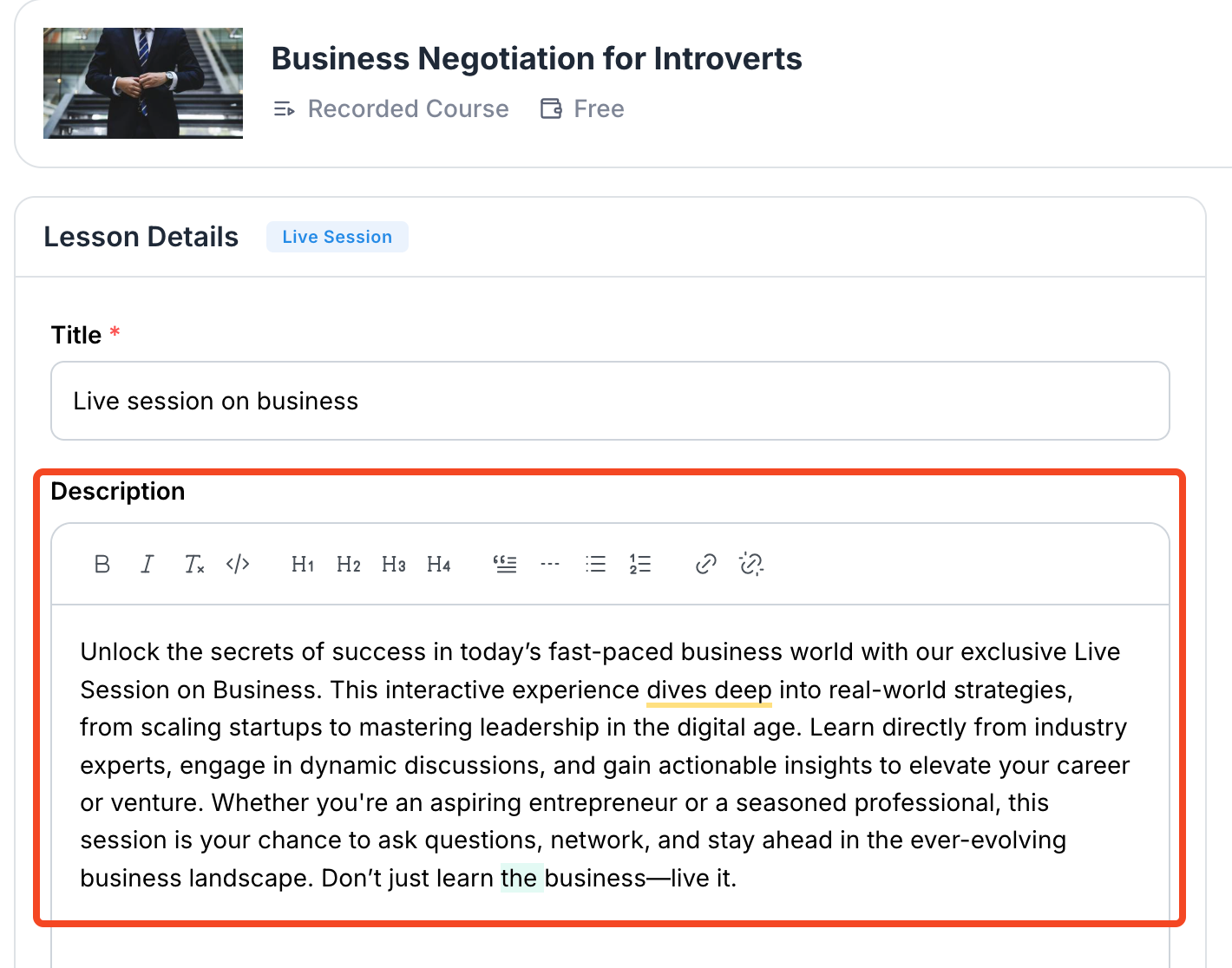 This image is a screenshot of Klasio Live Session Editing Window with the Lesson