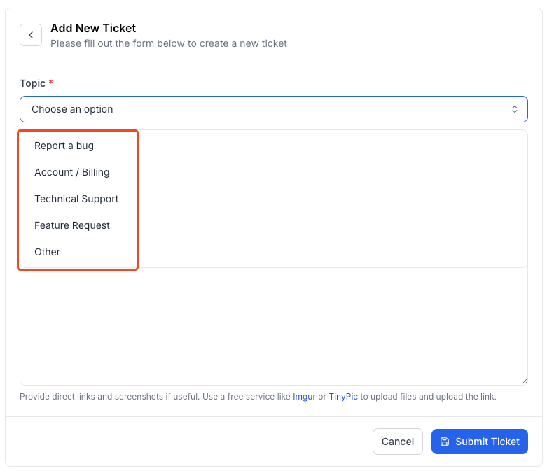 This image is a screenshot of Klasio Ticket Submission window with the option to select an issue topic in highlight.