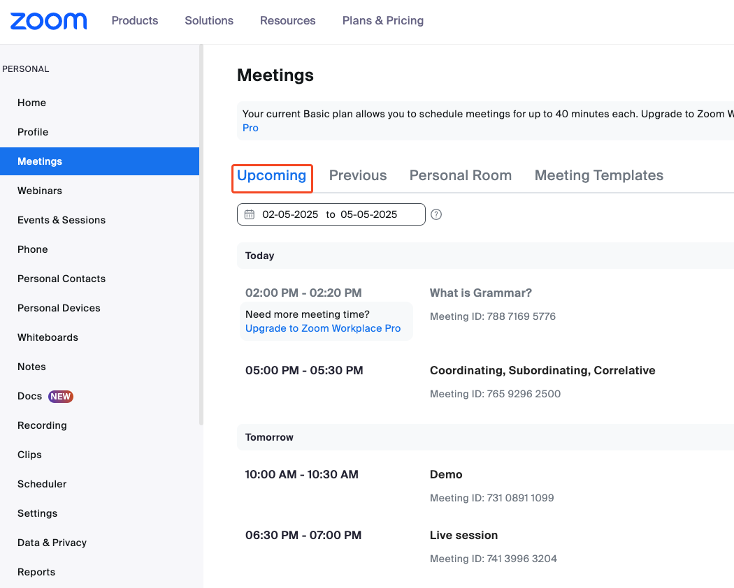This image is a screenshot of Zoom backend with the option to check upcoming meetings in highlight.