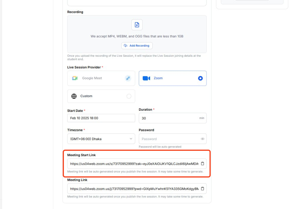 This image is a screenshot of Klasio Live Session Editing Window with the generated Zoom meeting links in the highlight.