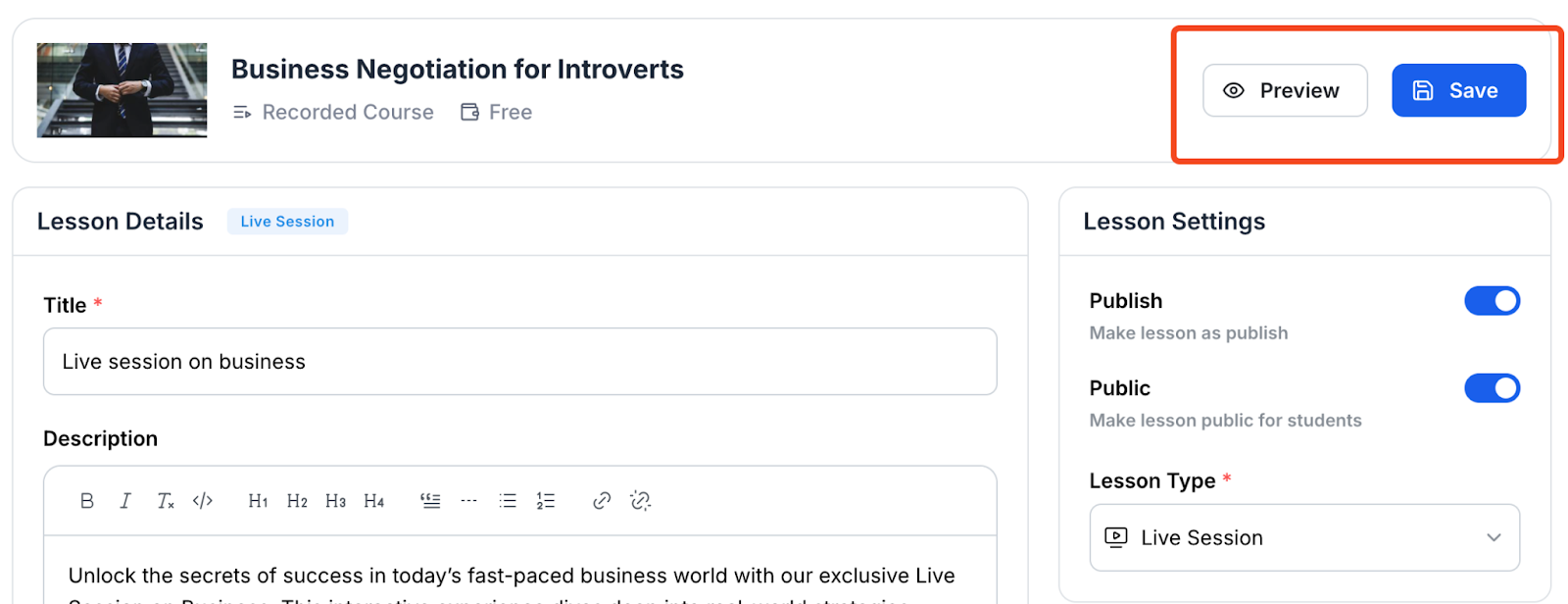 This image is a screenshot of Klasio Live Session Editing Window with the Save button in highlight.