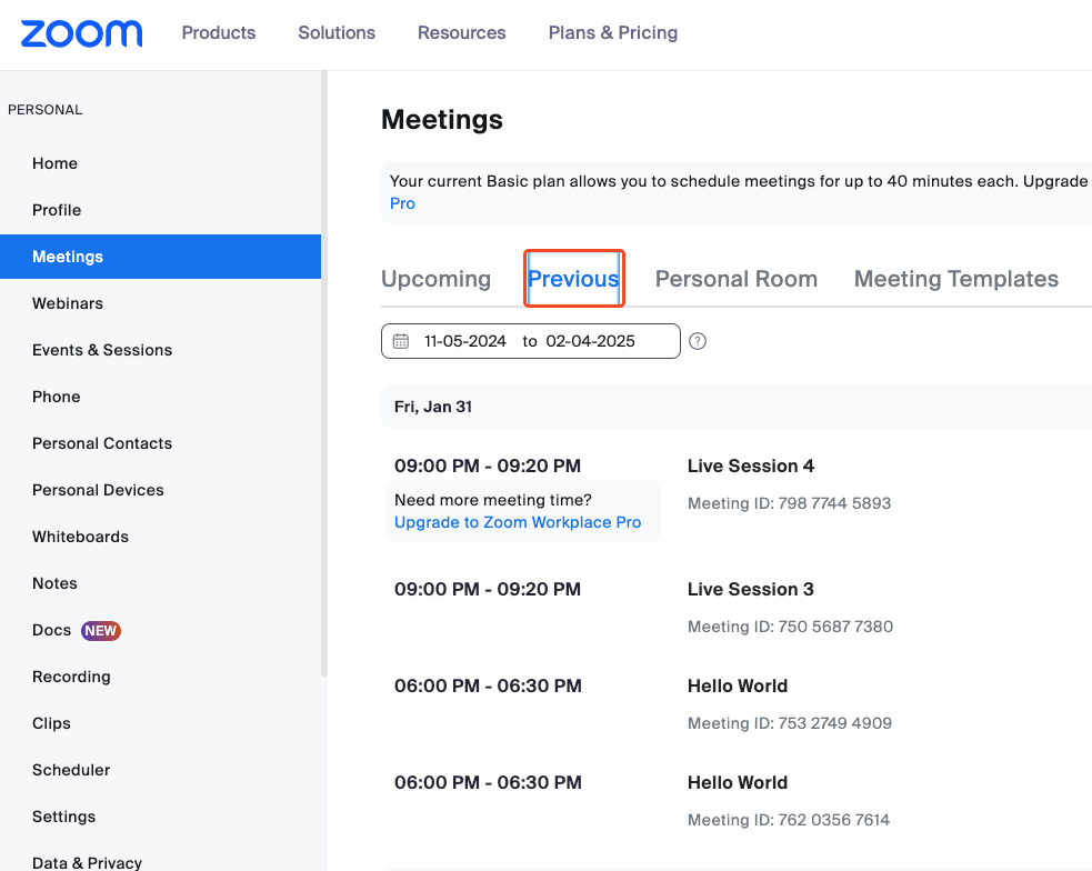This image is a screenshot of Zoom backend with the option to check previous meetings in highlight.