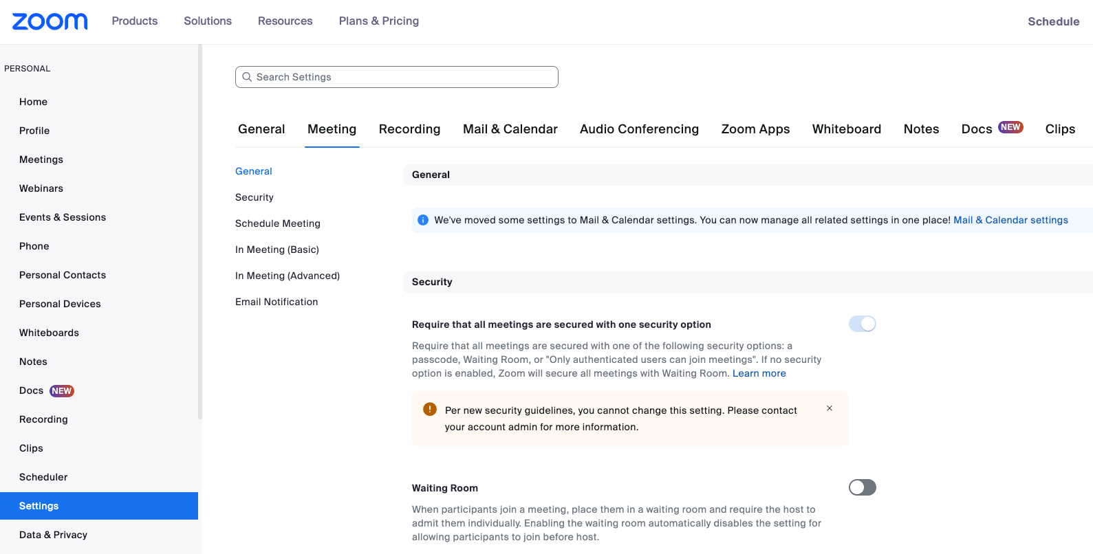 This image is a screenshot of Zoom backend with the option to change Zoom settings in display.