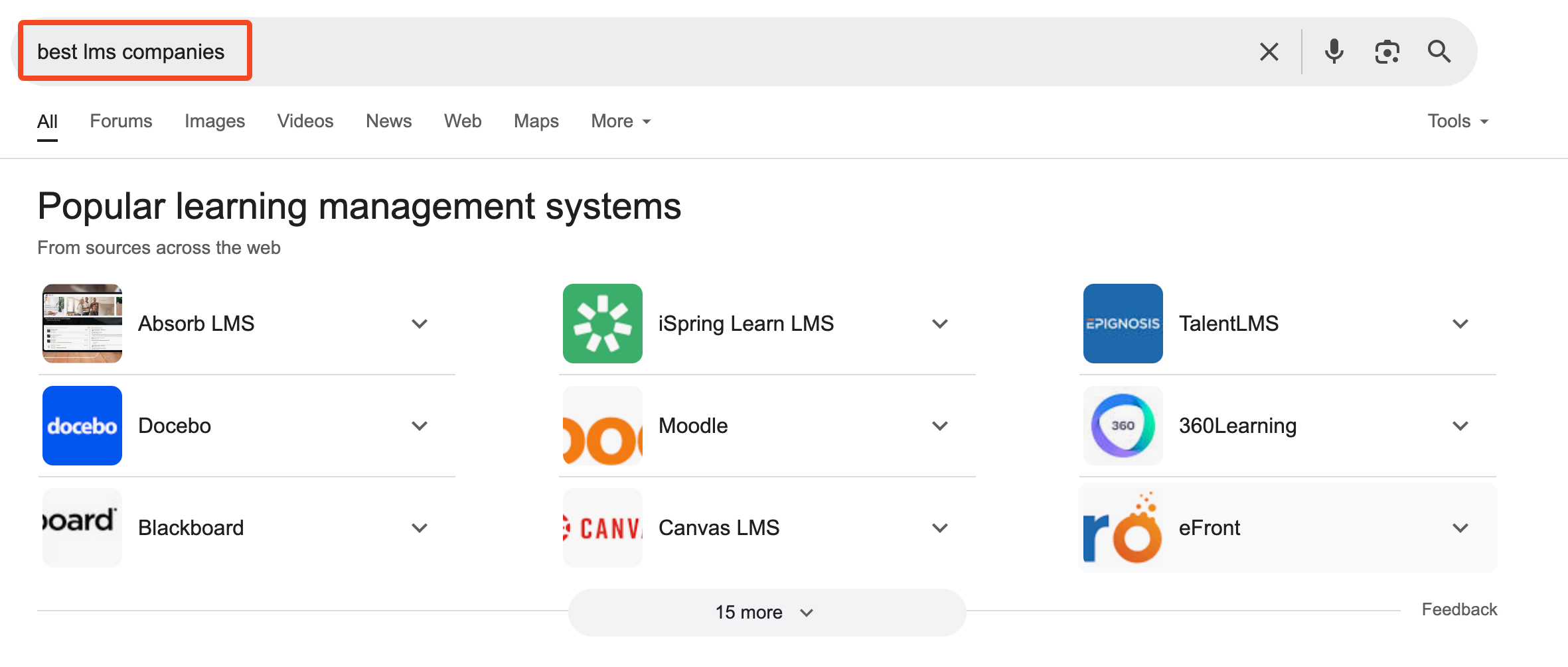 A screenshot of Google search for the keyowrd "best lms companies"