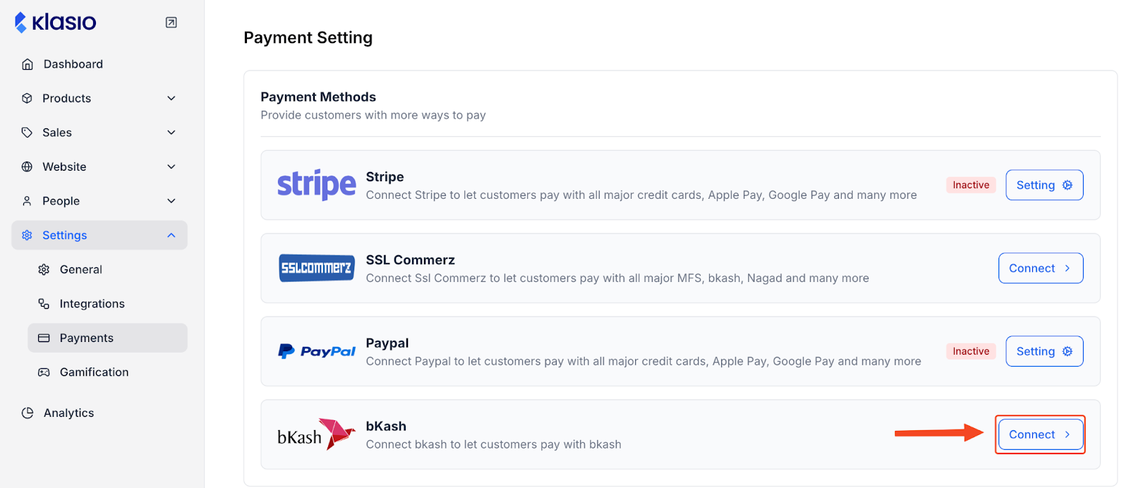 This image is a screenshot of Klasio Payments integrations window under Settings menu with the Settings button on the bKash widget highlighted.