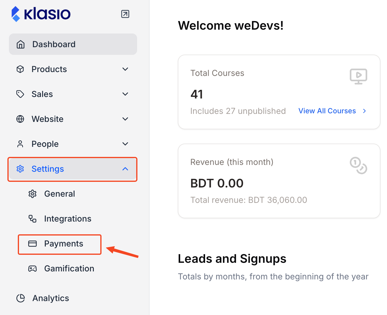 This image is a screenshot of Klasio Payments window under Settings menu.