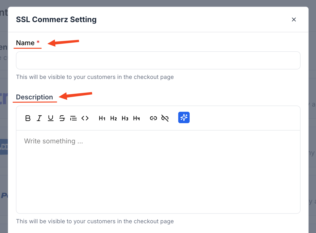 This image is a screenshot of Klasio SSLCommerz setup pop up with the option to insert Merchant Name and Description in highlight.