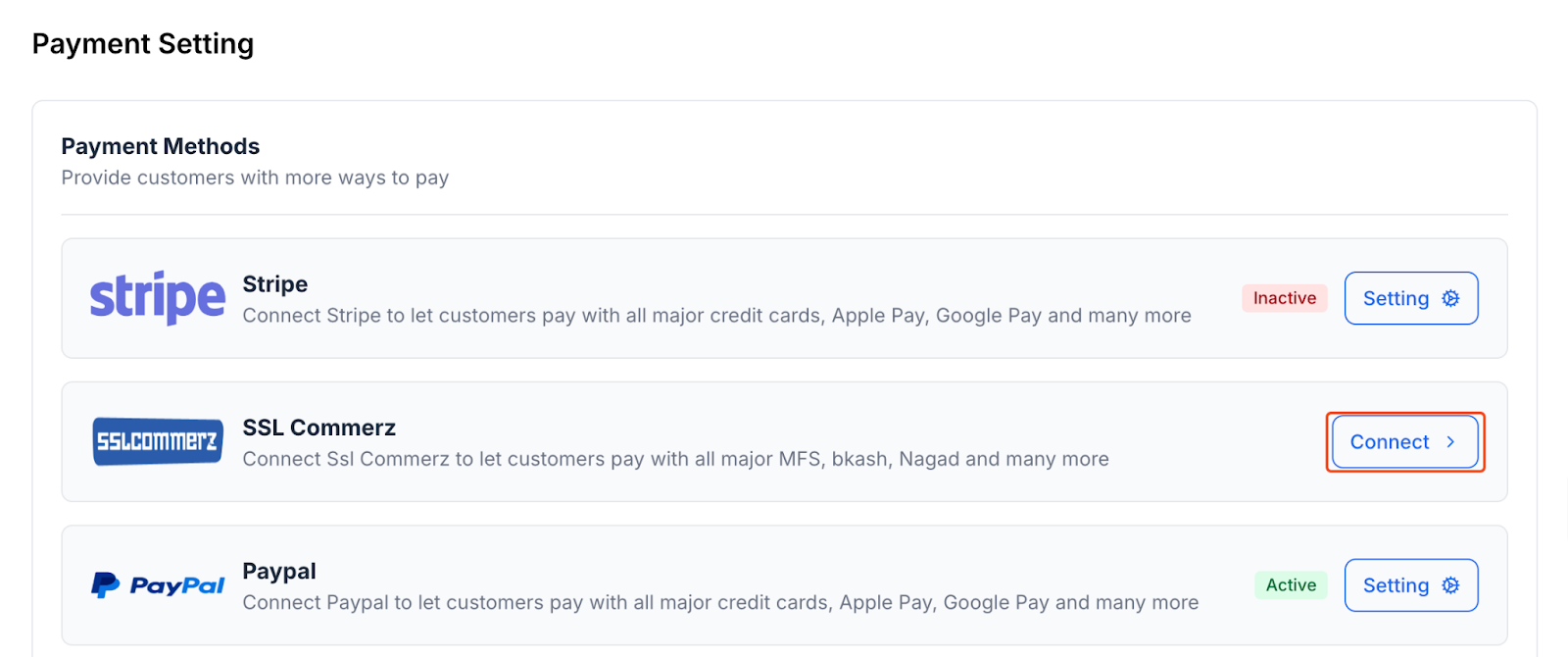 This image is a screenshot of Klasio Payments integrations window under Settings menu with the Settings button on the SSLCommerz widget highlighted.