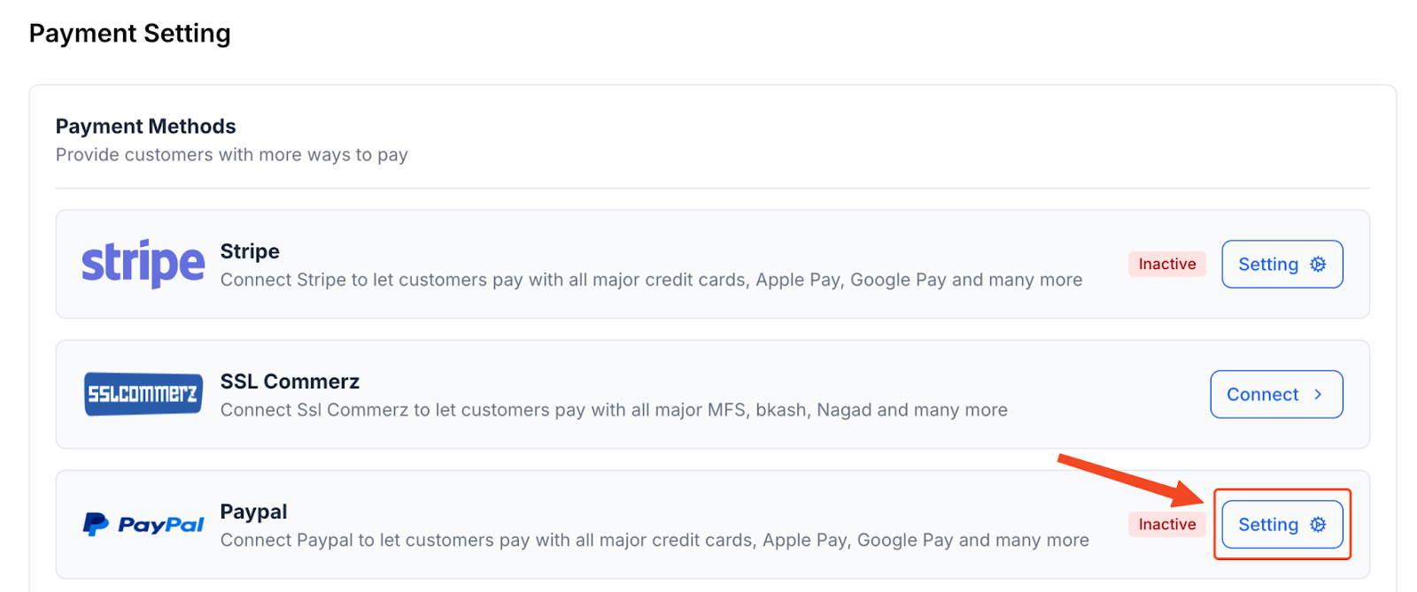 This image is a screenshot of Klasio Payments integrations window under Settings menu with the Settings button on the PayPal widget highlighted.