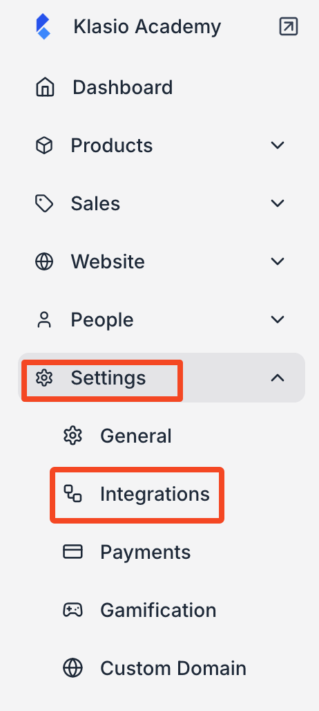 From the Klasio dashboard, go to Settings>Integrations.