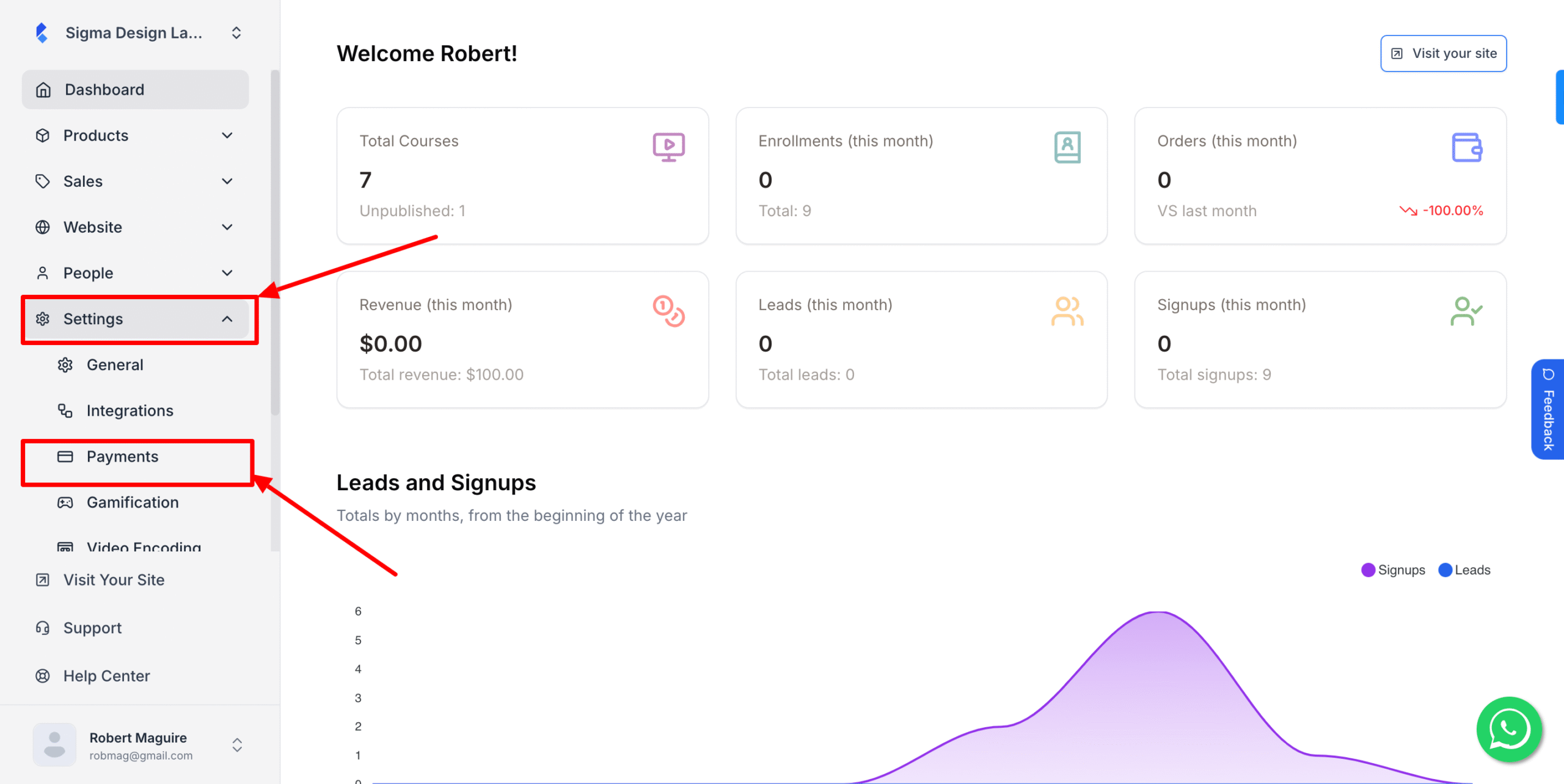 This image is a screenshot of Klasio admin dashboard with the Payments tab under Settings menu in highlight.