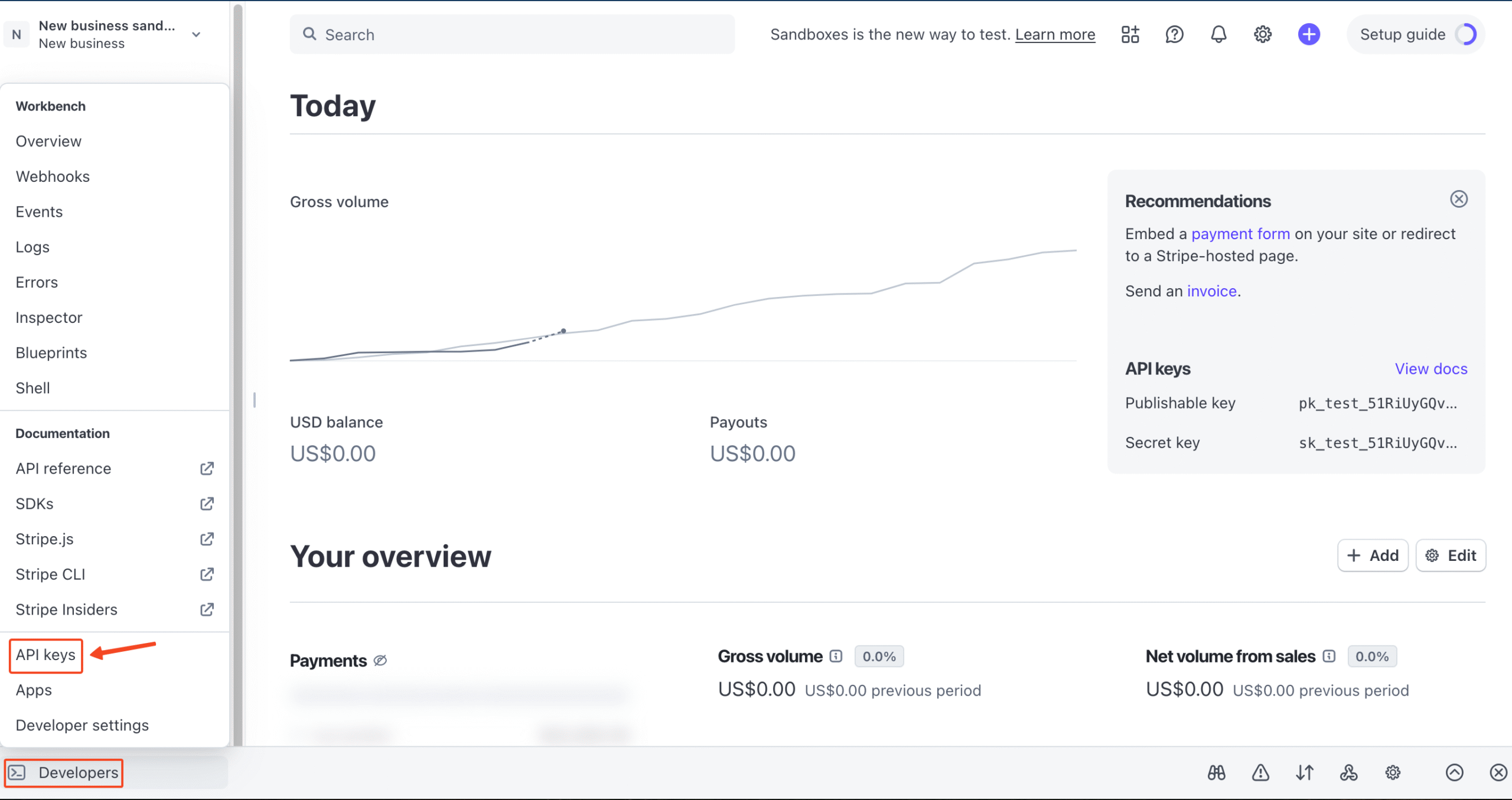 Stripe dashboard with the Developer menu in highlight.