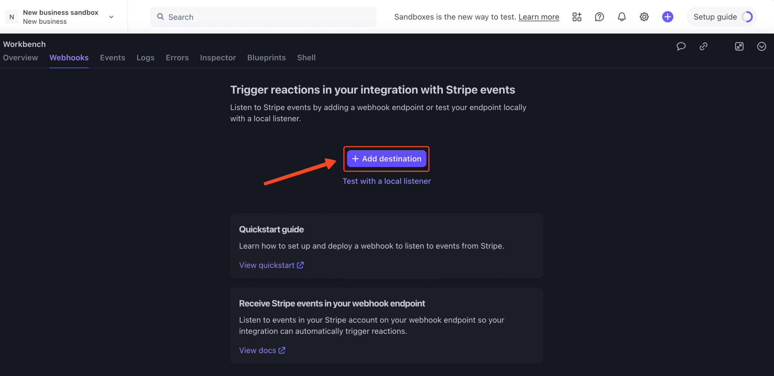 Stripe webhook generation window with Add Destination button in highlight.