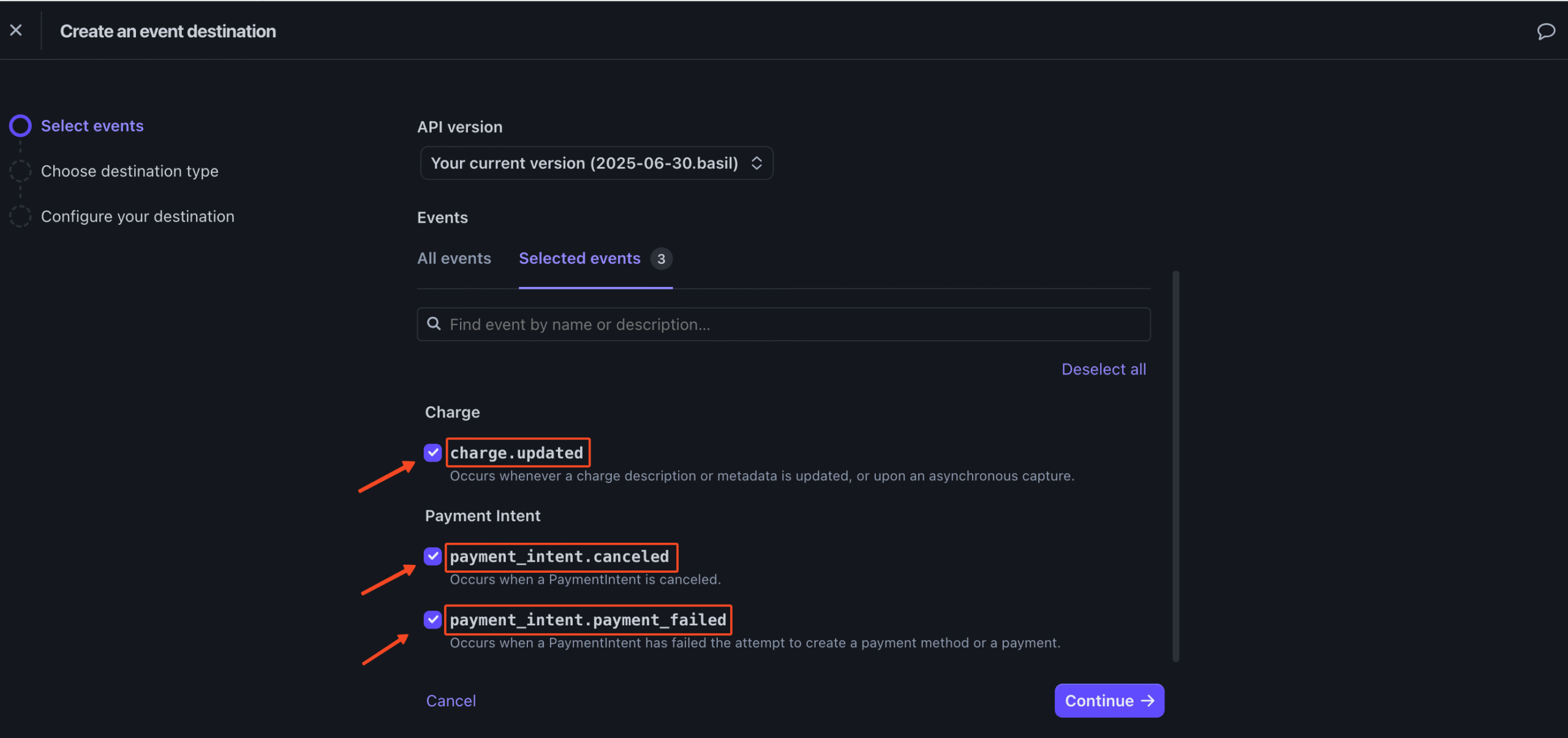 Stripe webhook setup window with three specific events in highlight.