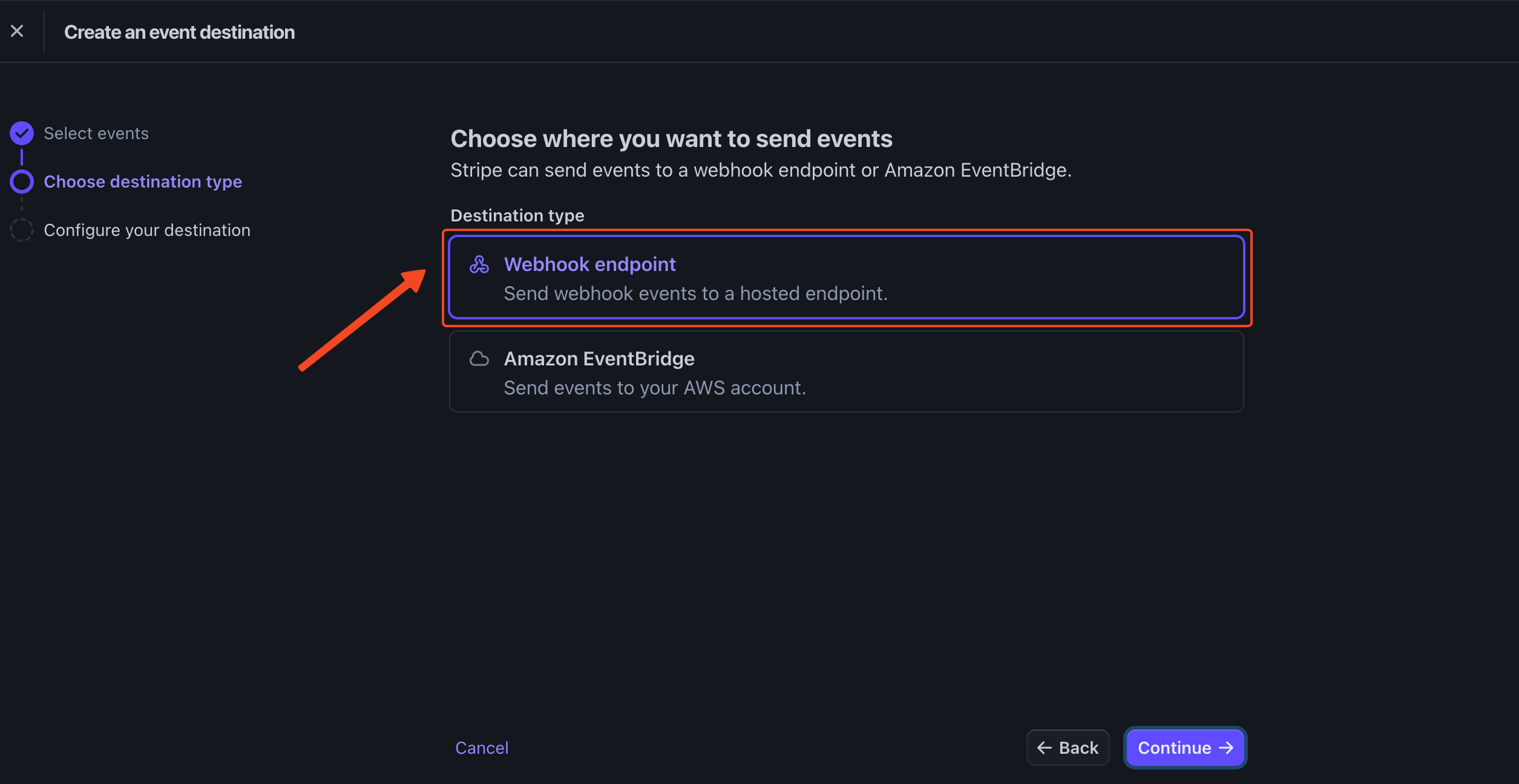 Stripe webhook setub wizard with the Webhook endpoint button in highlight.