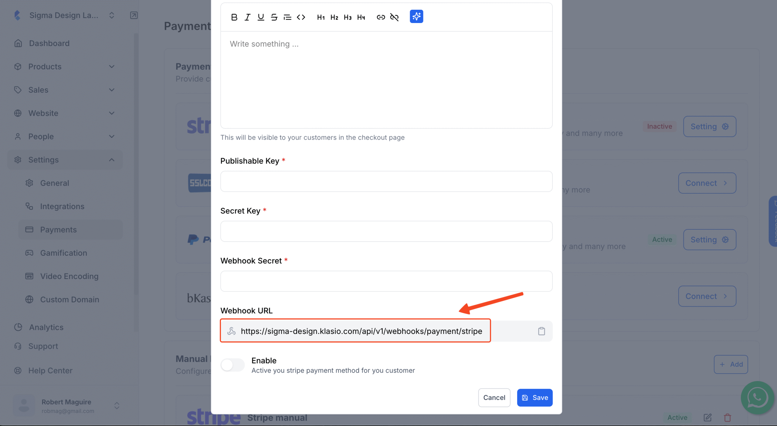 Klasio Stripe setup pop up with Webhook url in highlight.