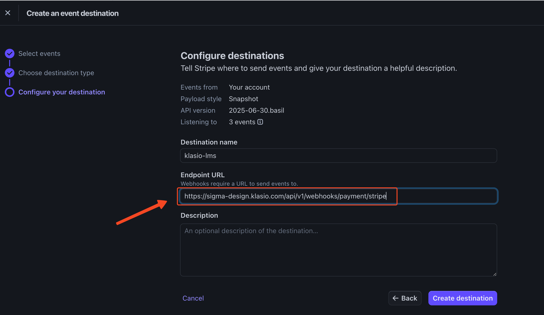 Stripe webhook setup window with Endpoint url insertion option in highlight.
