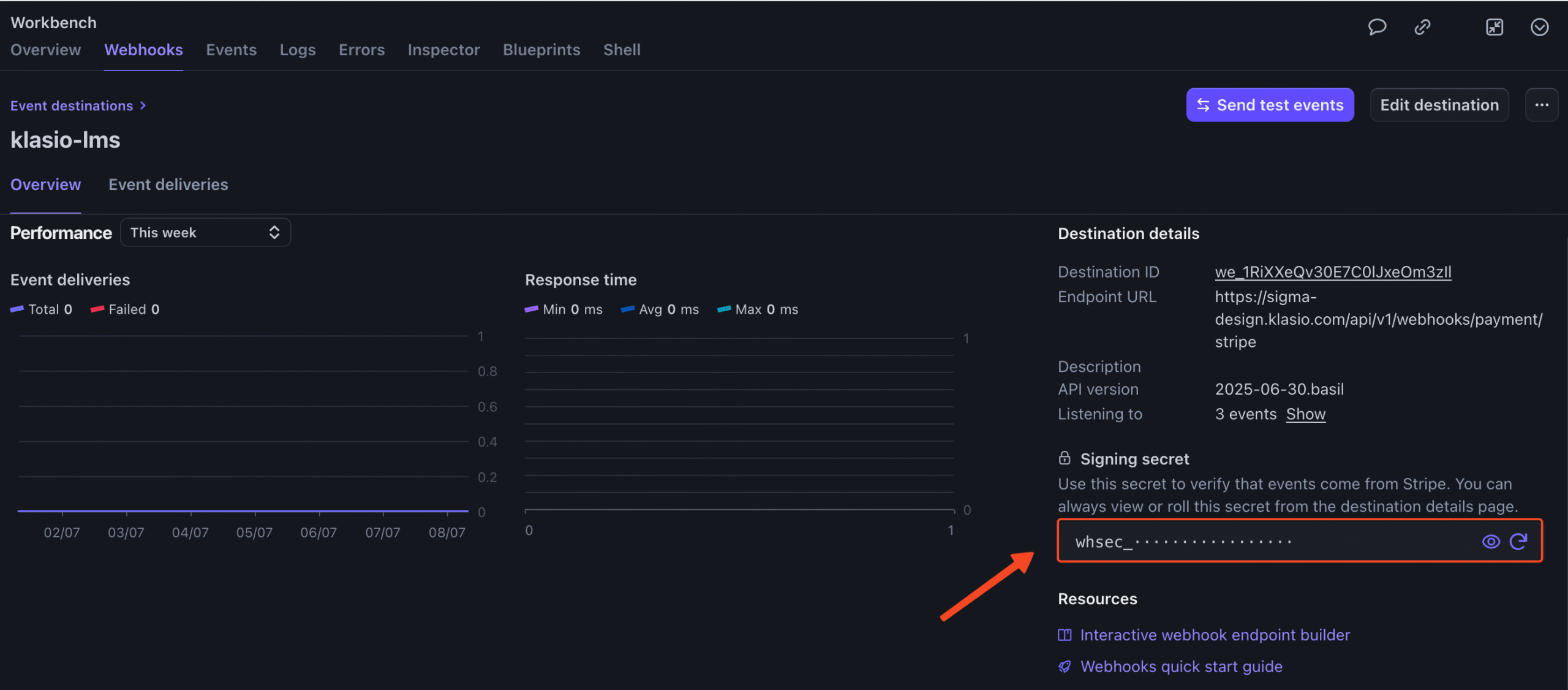 Stripe webhook setup window with Signing secret in highlight.