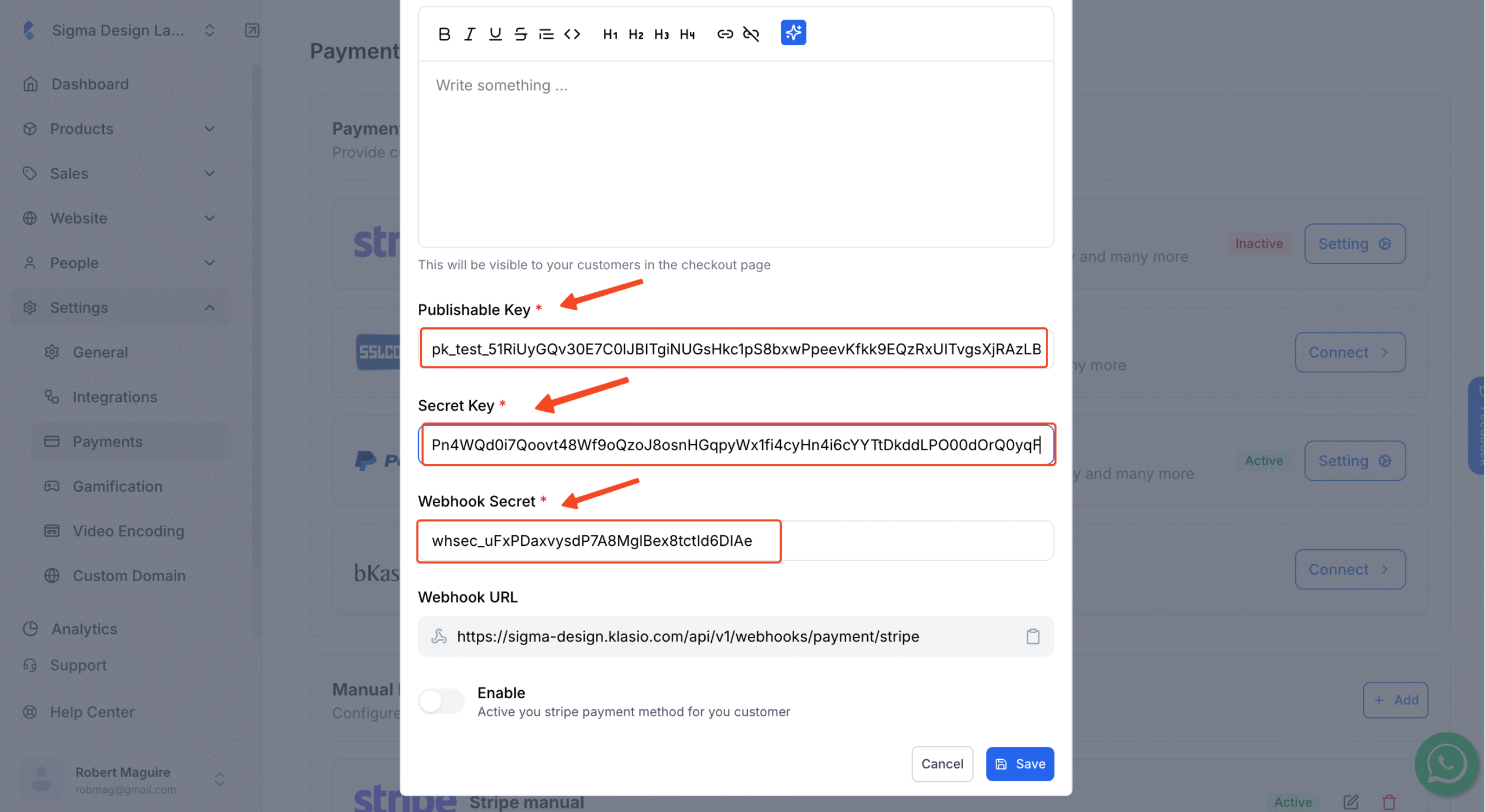 Klasio Stripe setup pop up with publishable key, secret key and webhook secret inserted.