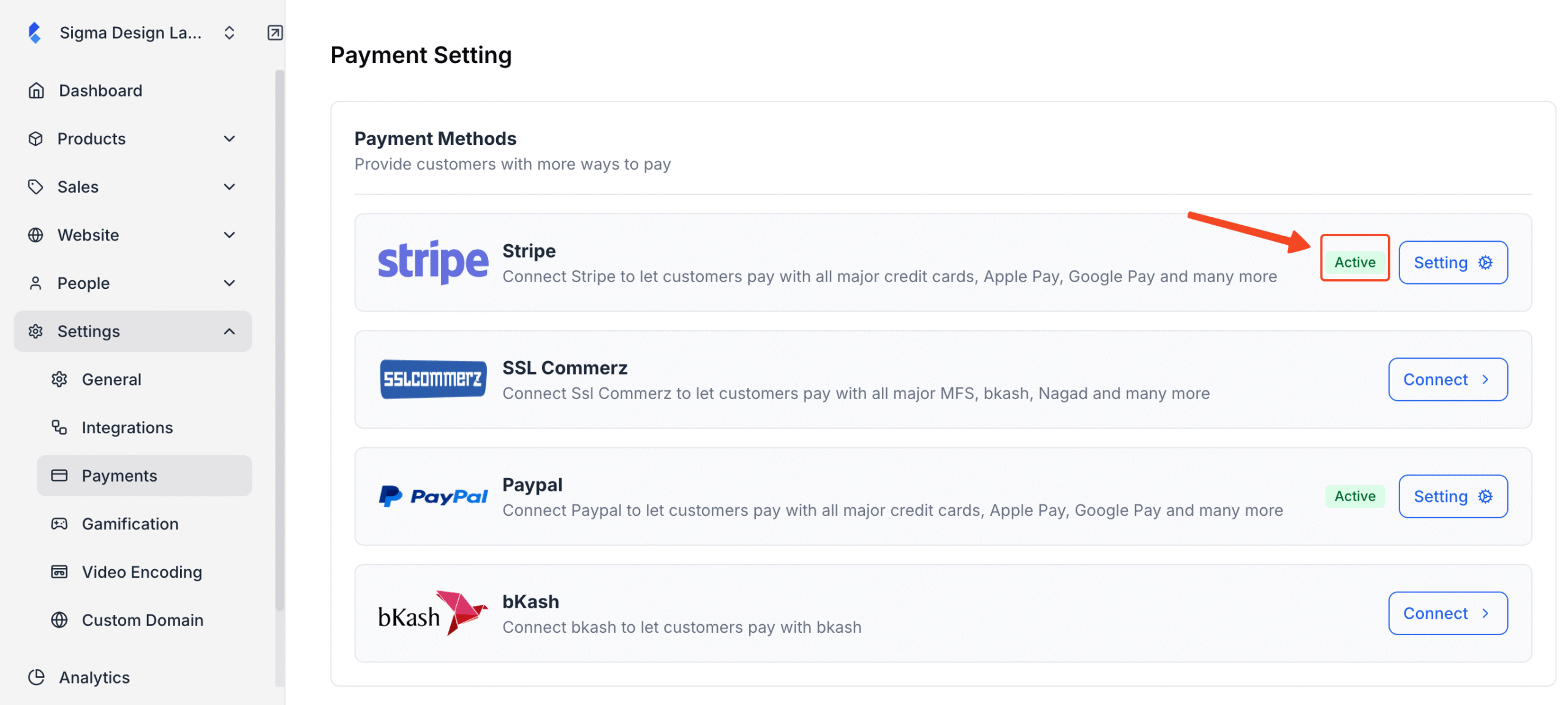 Klasio payments setup window with Stripe Active status in highlight.