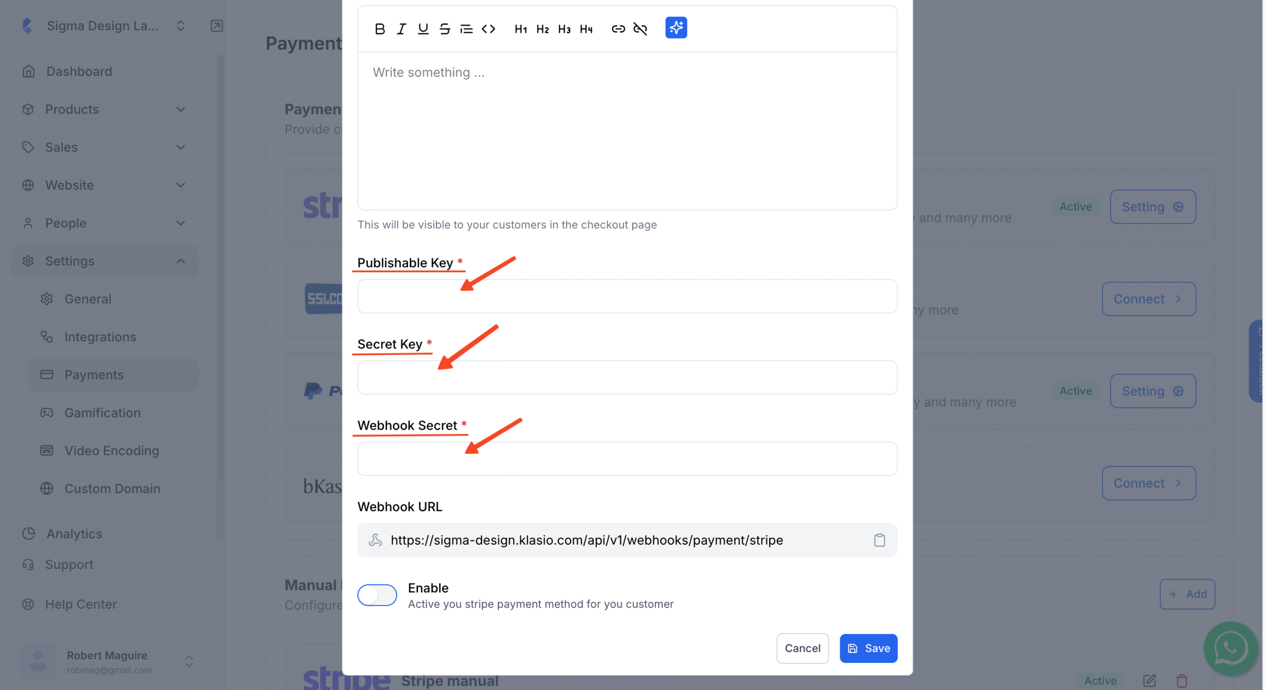 Stripe setup pop up with the option to insert Publishable key, Secret Key and Webhook secret in highlight.