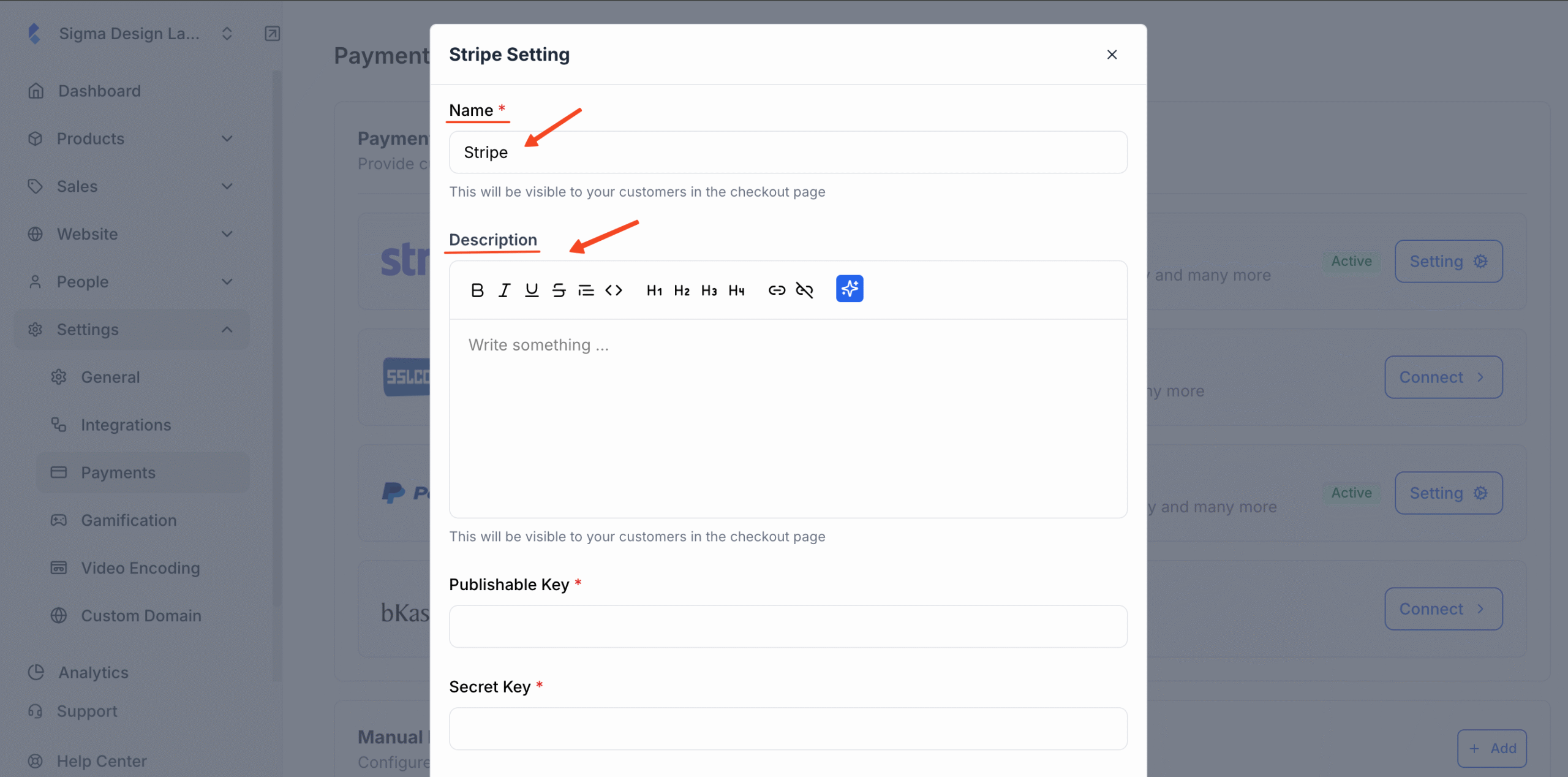 Stripe setup pop up with the merchant name and description insertion option in highlight.