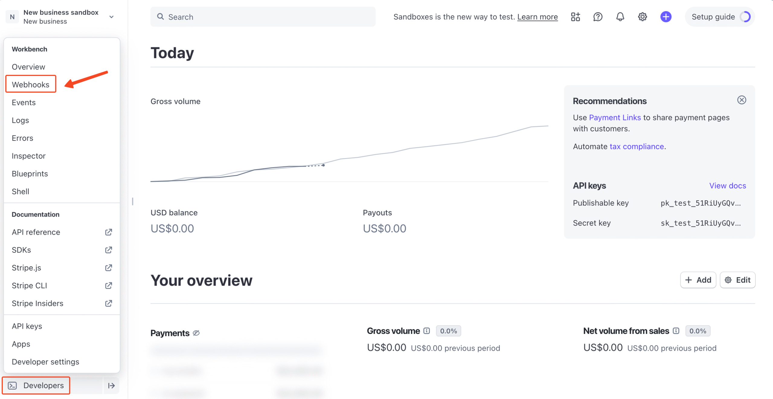 Stripe dashboard with Webhooks tab under developer menu in highlight.