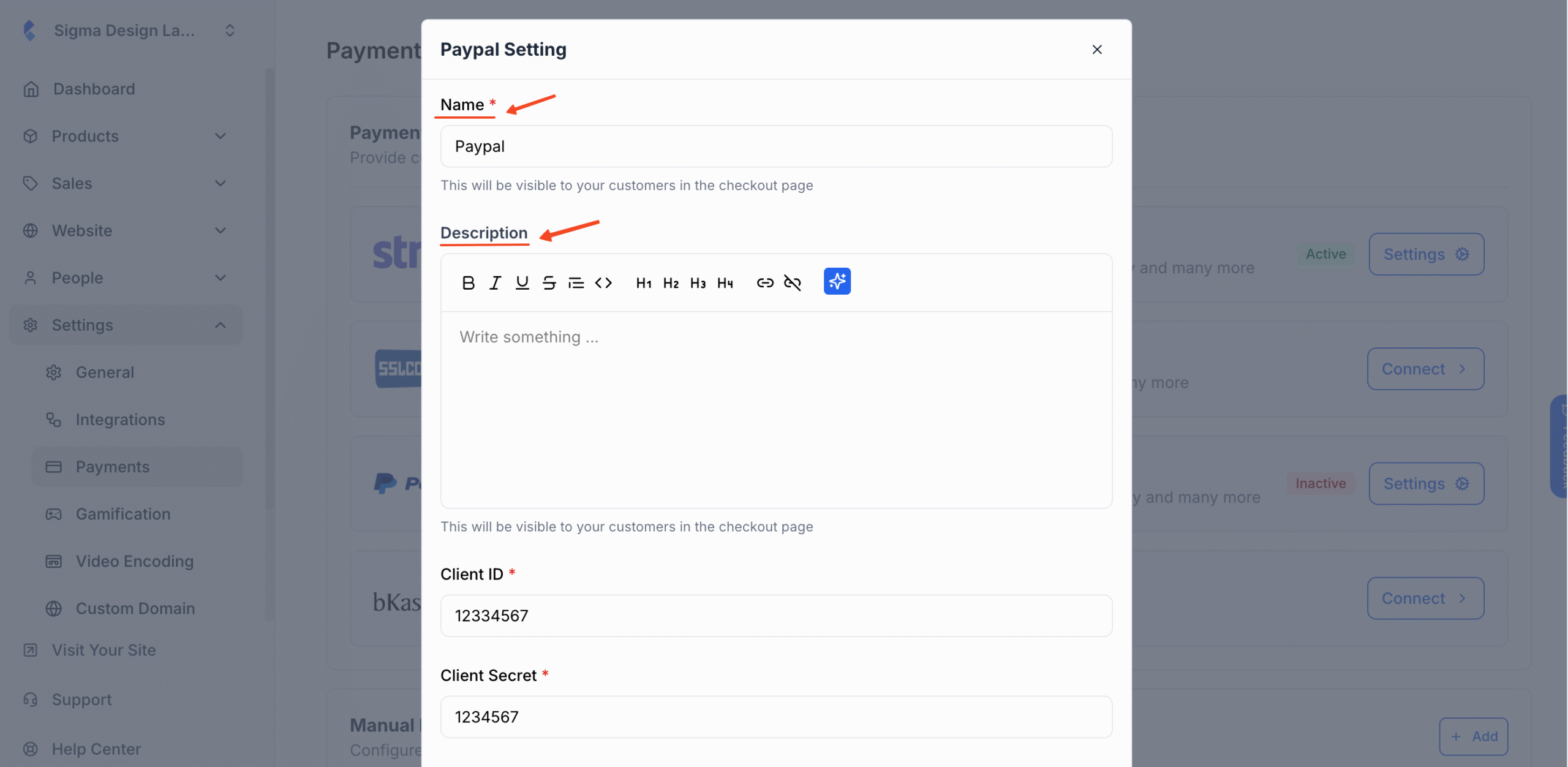 This image is a screenshot of Klasio PayPal setup pop up with the option to insert Merchant Name and Description in highlight.