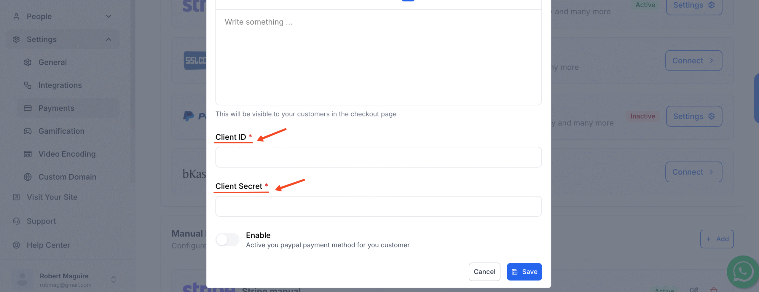 This image is a screenshot of Klasio PayPal setup pop up with the option to insert Client ID and Client Secret in highlight