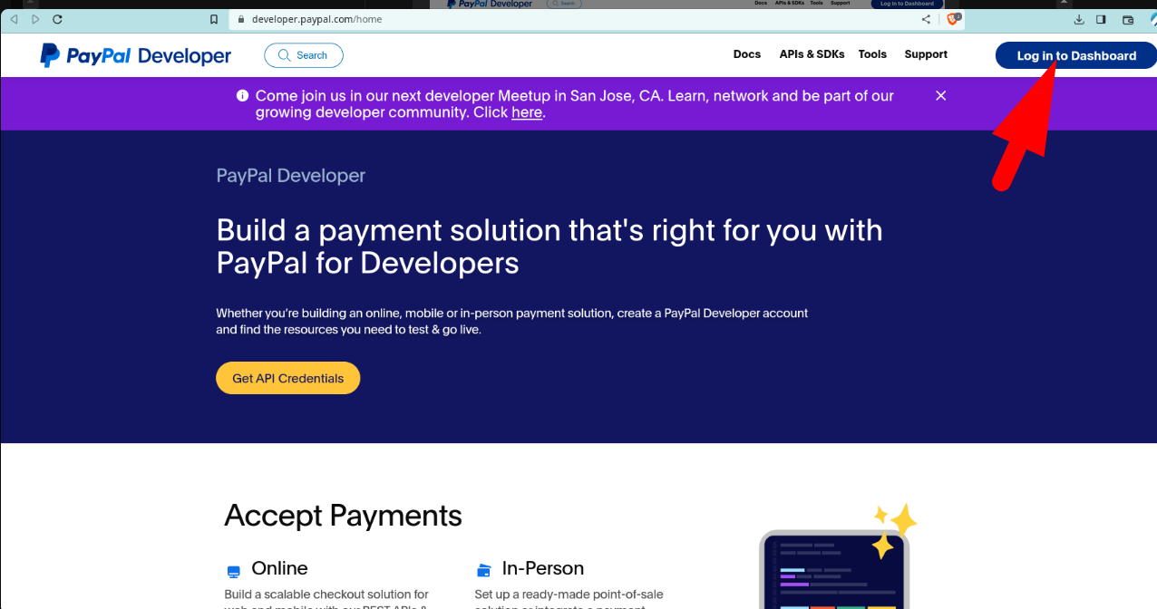 PayPal developer account login page