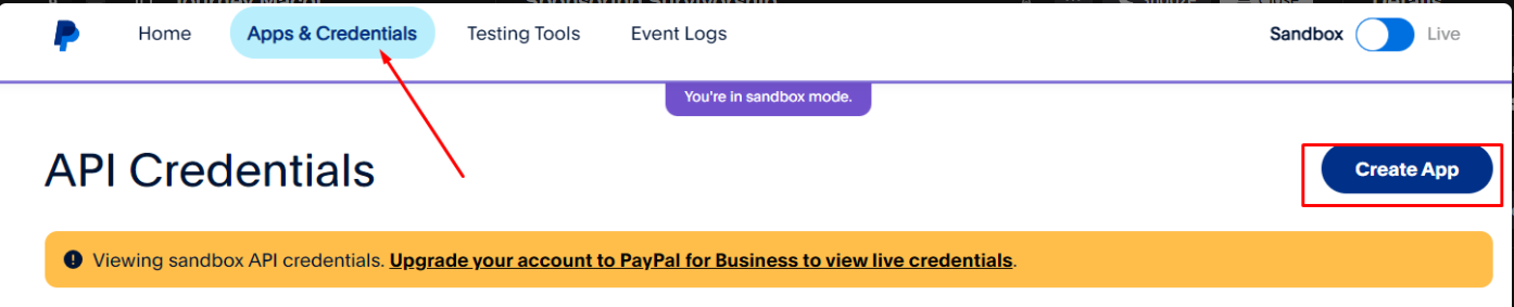 PayPal developer account menu