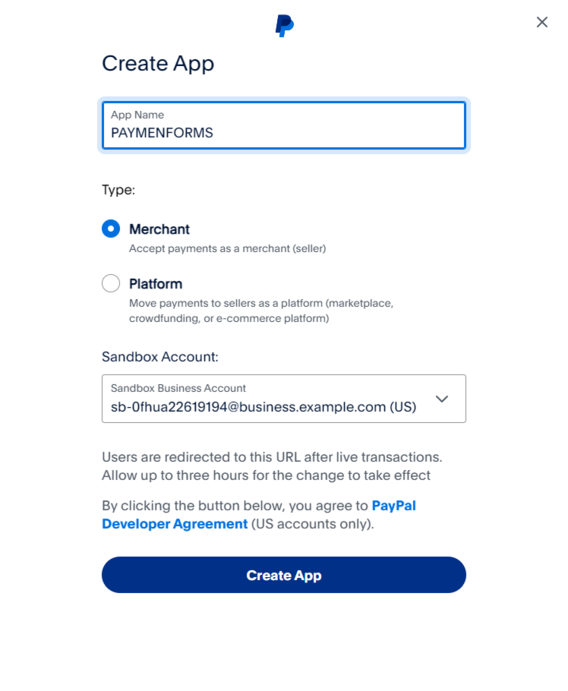 Paypal merchant app creation pop up