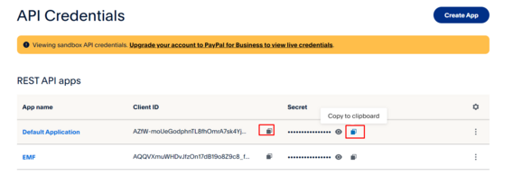 Paypal merchant app setup window with the Client id and secret key in highlight
