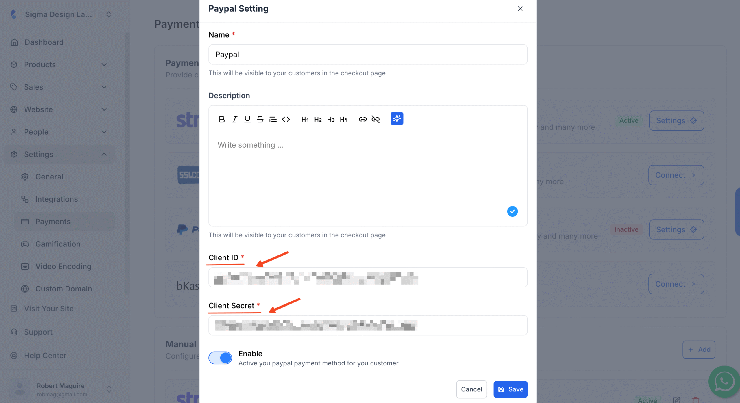 Klasio PayPal setup pop up with Client ID and Client Secret inserted.