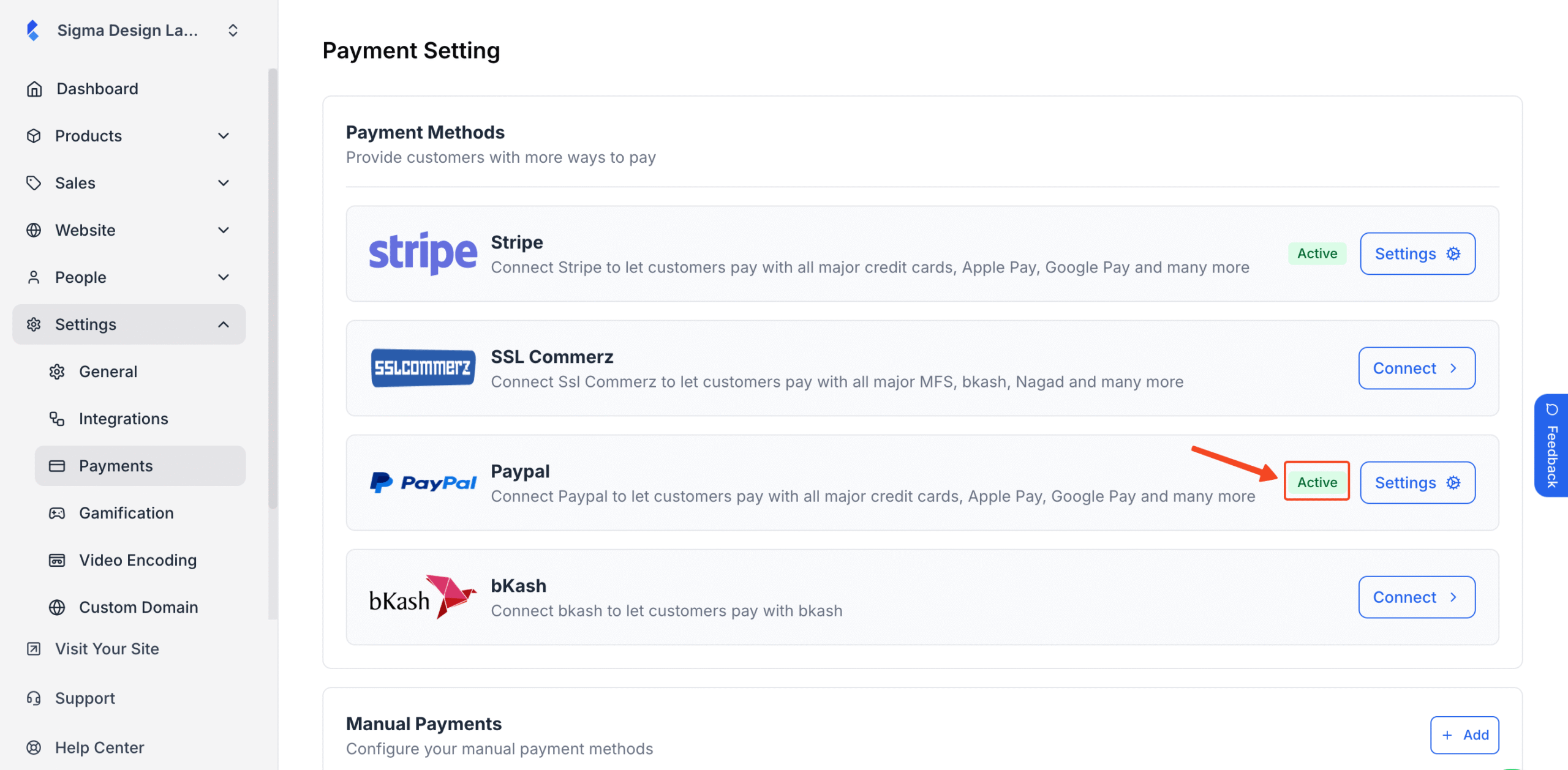 Klasio payments setup window with PayPal Active status in highlight.