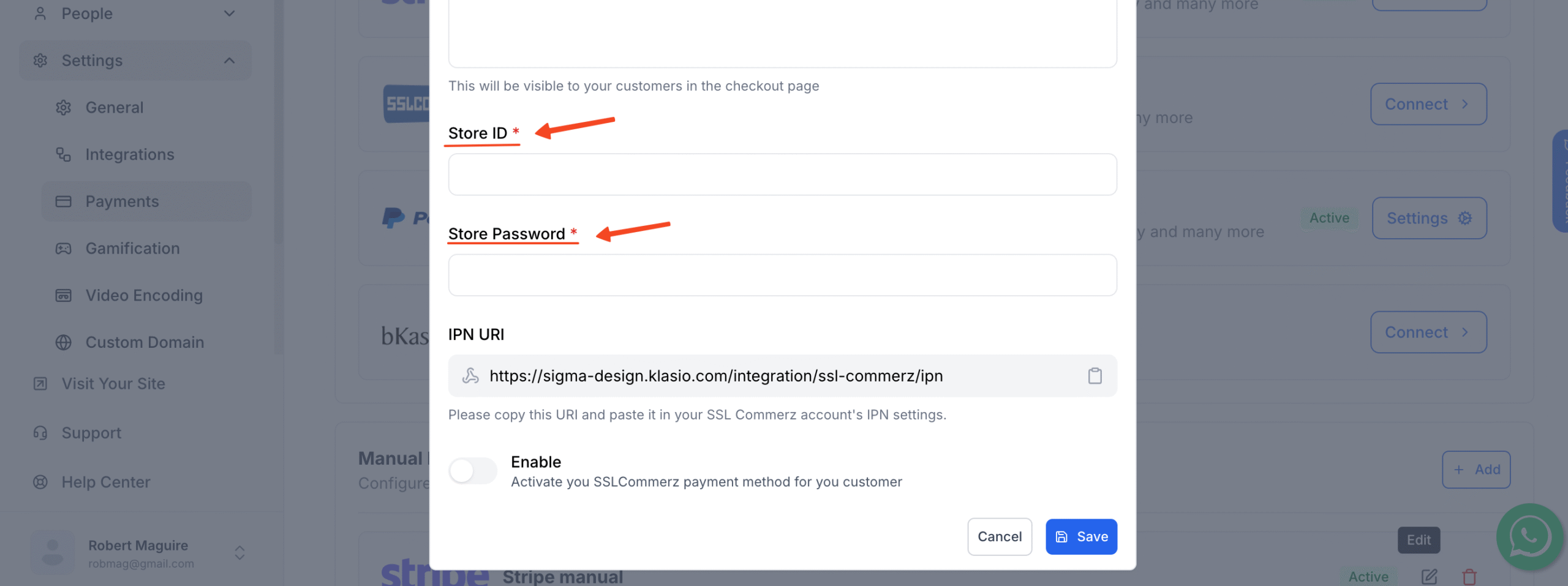 This image is a screenshot of Klasio SSLCommerz setup pop up with the option to insert Store ID and Store Password in highlight