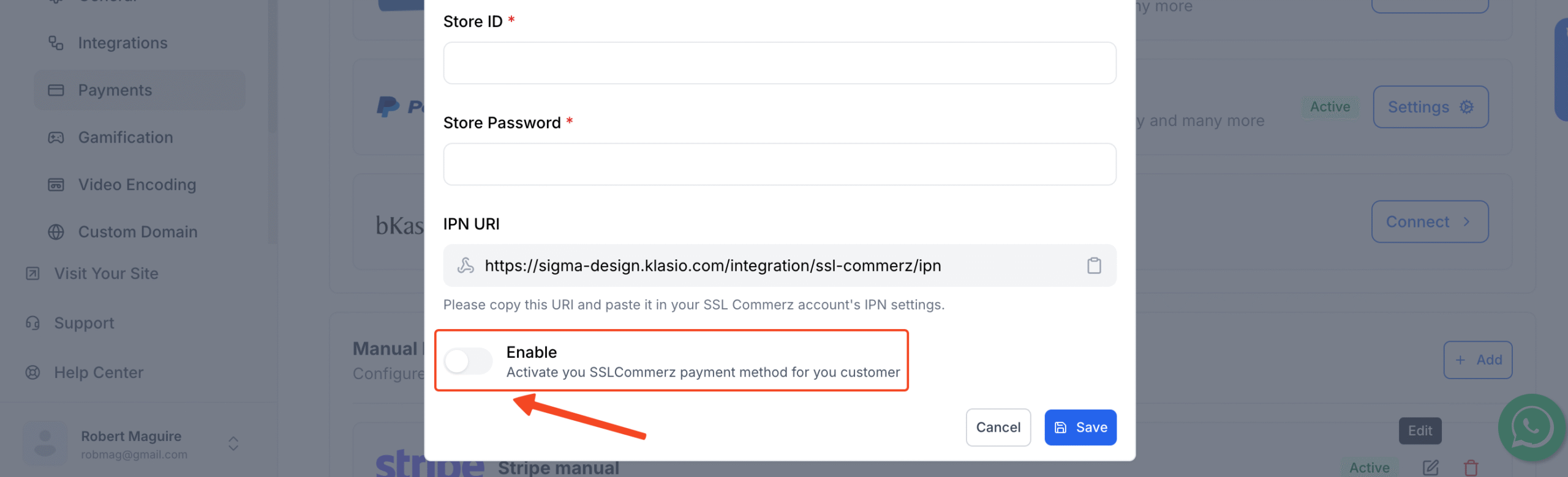 This image is a screenshot of Klasio SSLCommerz setup pop up with the option to enable SSLCommerz payment in highlight.