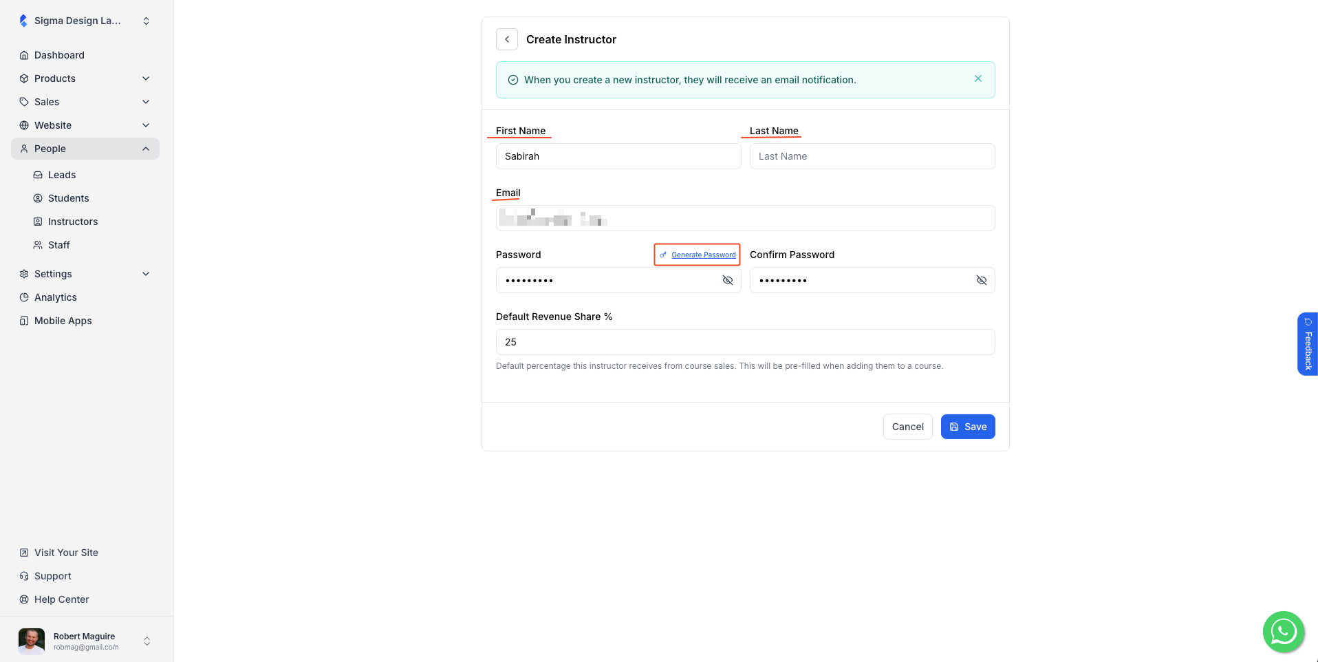 This image is a screenshot of Klasio New Instructor profile creation pop up with the option to insert instructor first name and last name in highlight.