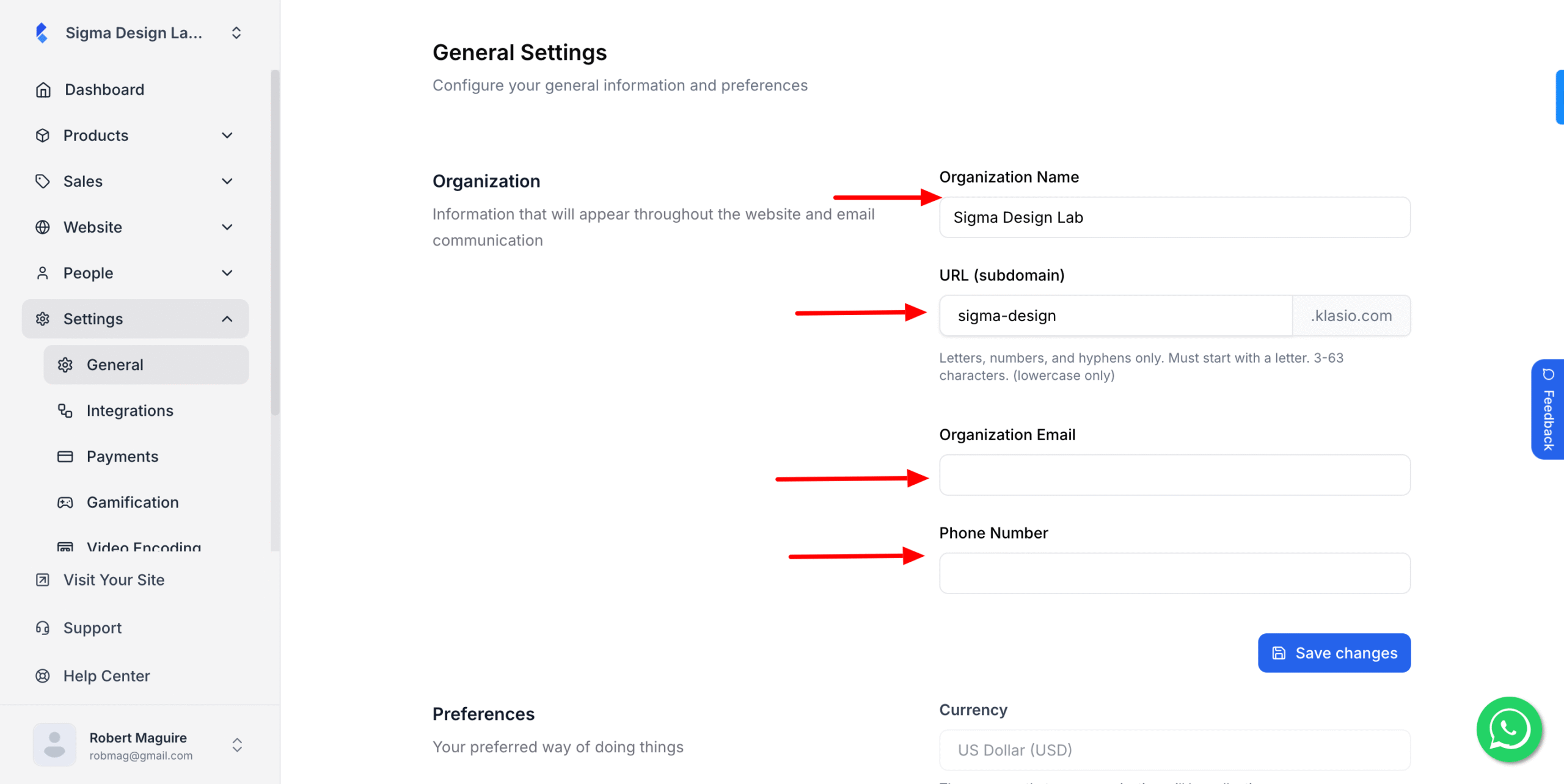 This image is a screenshot of Klasio Organization Details updating window with the option to change Organization Name, Email and Number in highlight.