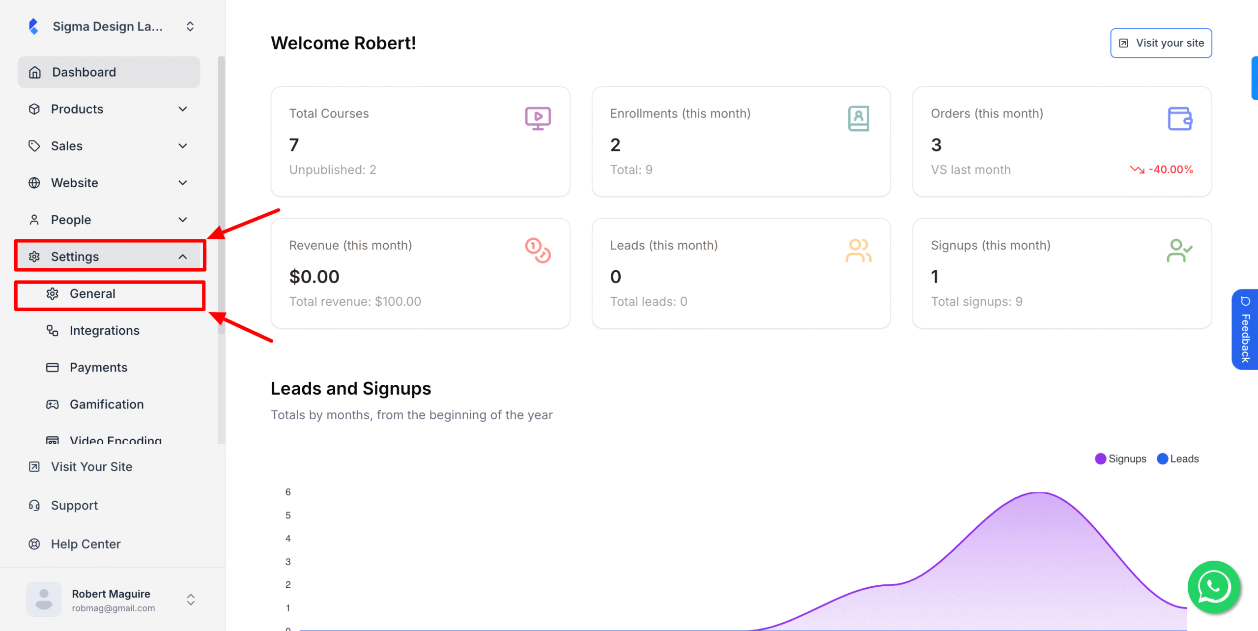This image is a screenshot of Klasio admin dashbaord, with the General tab under Settings menu  in highlight.