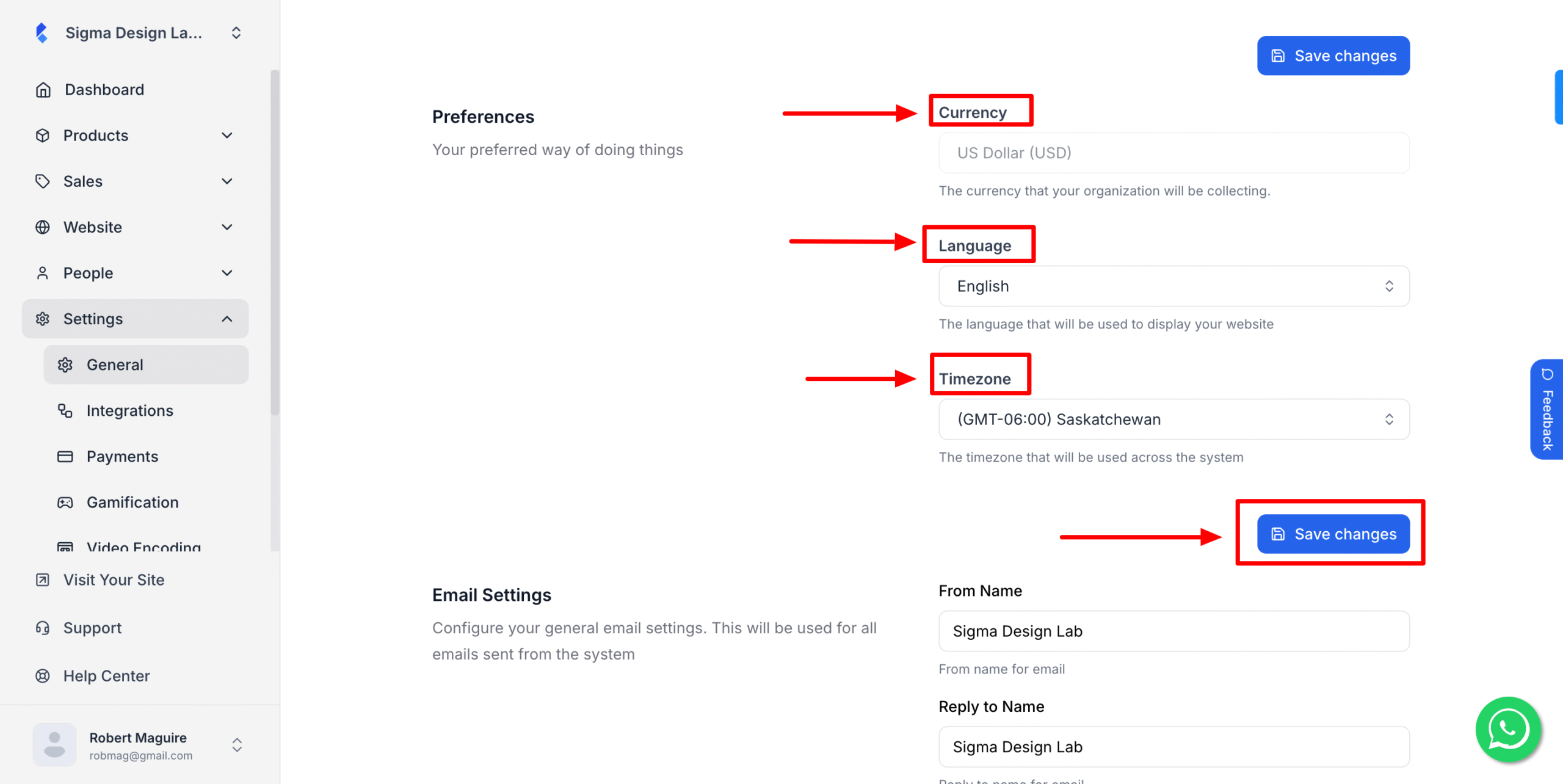 This image is a screenshot of Klasio General tab under settings menu with the option to change Currency, Language and Timezone in highlight.
