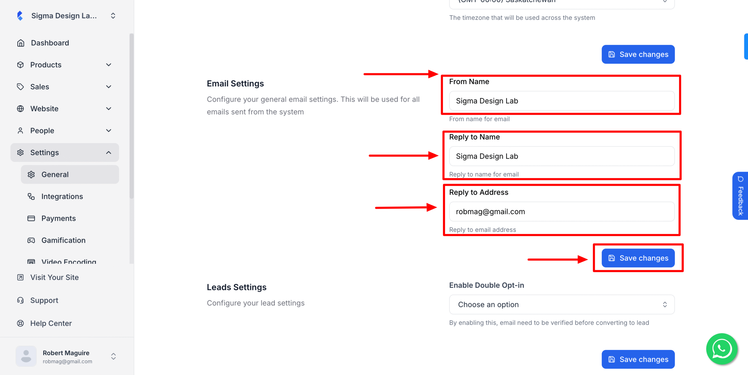 This image is a screenshot of Klasio Settings menu with the Email Settings Section from the General tab in highlight.