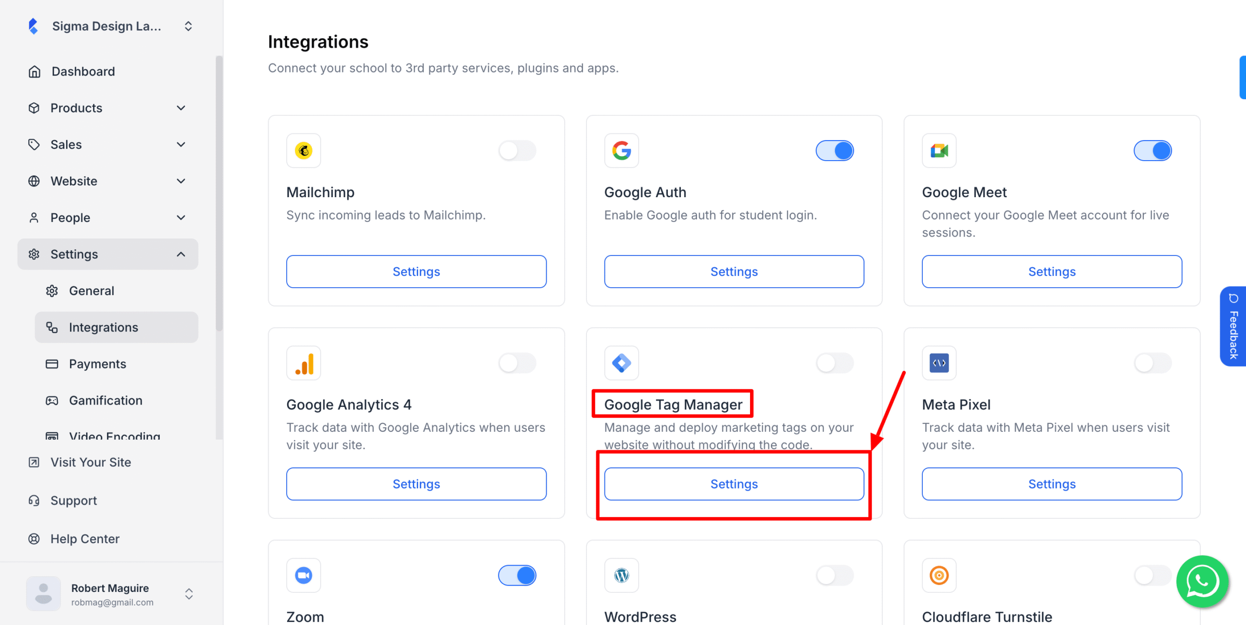 This image is a screenshot of Klasio integrations tab under settings menu with the Google Tag Manager widget in highlight.