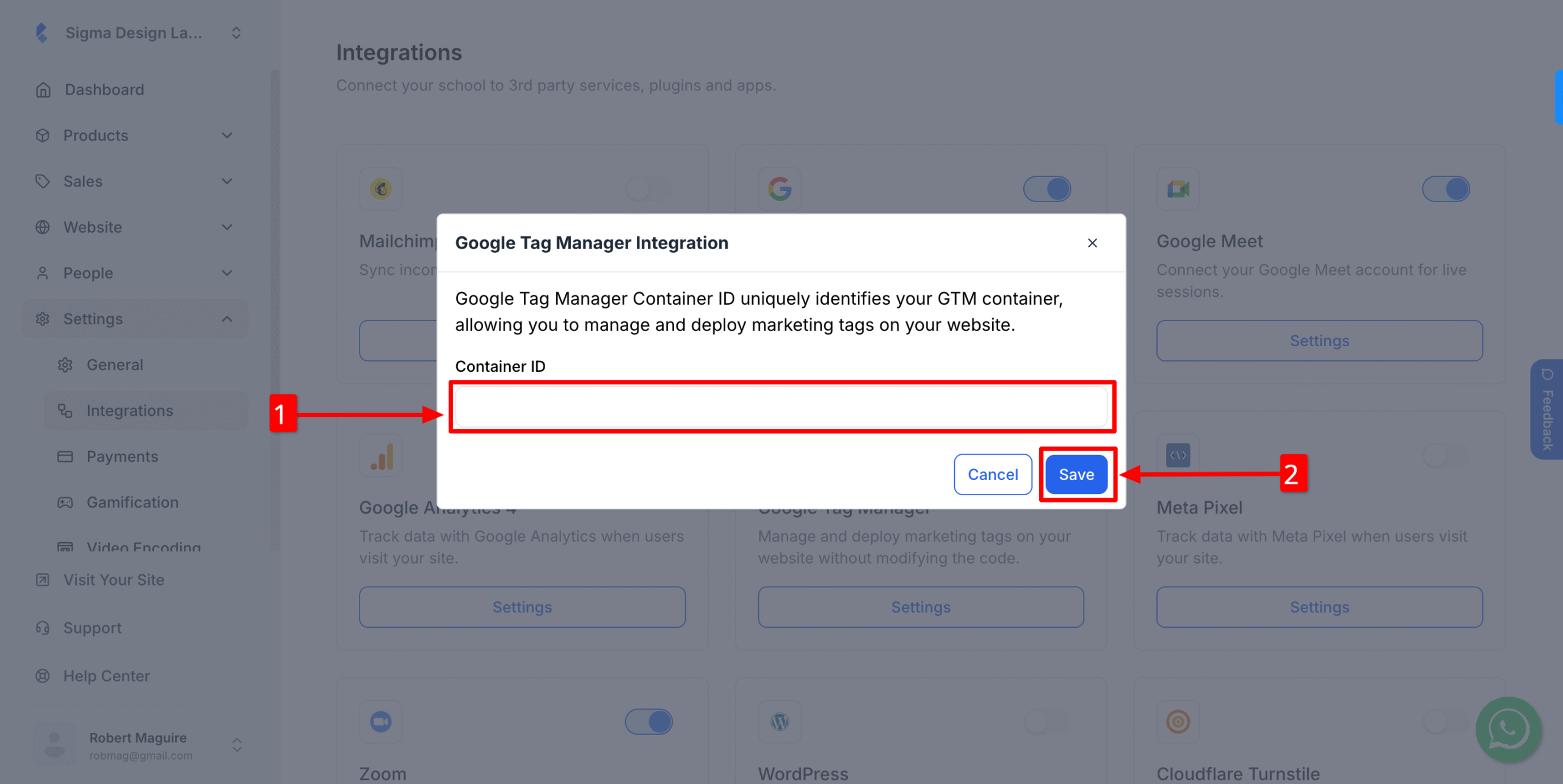 This image is a screenshot of Klasio Google Tag Manager Modal pop up with the option to insert Container ID in highlight.