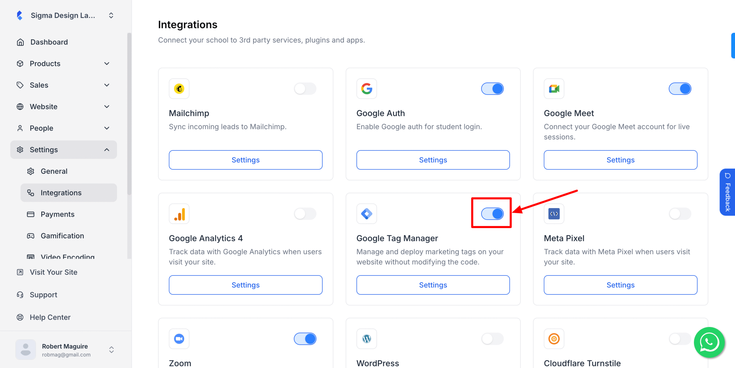 This image is a screenshot of Klasio Google Tag Manager widget with the toggle button in highlight.